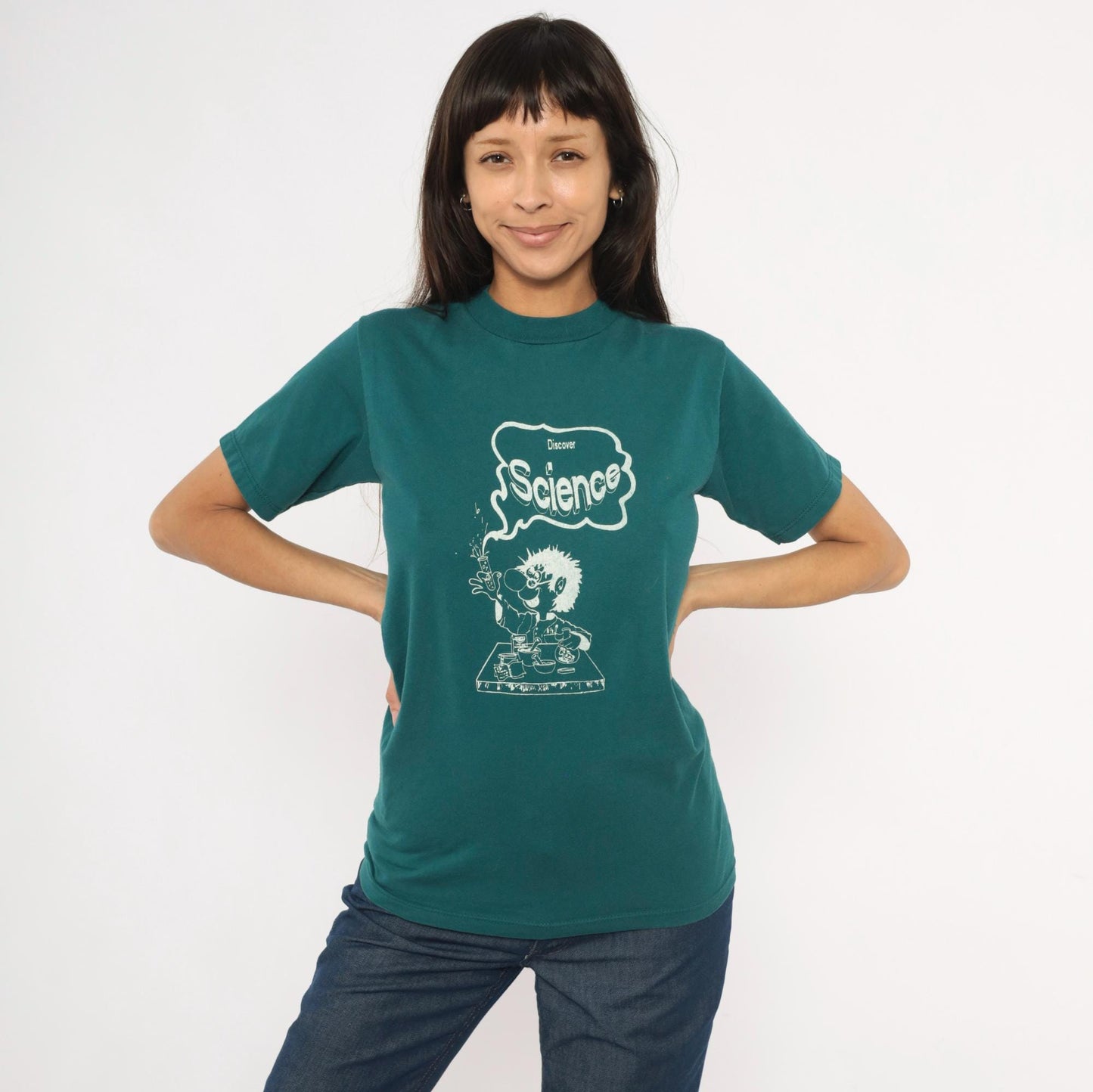 90s Jerzees Mad Scientist Discover Science Graphic Tee Teal Small