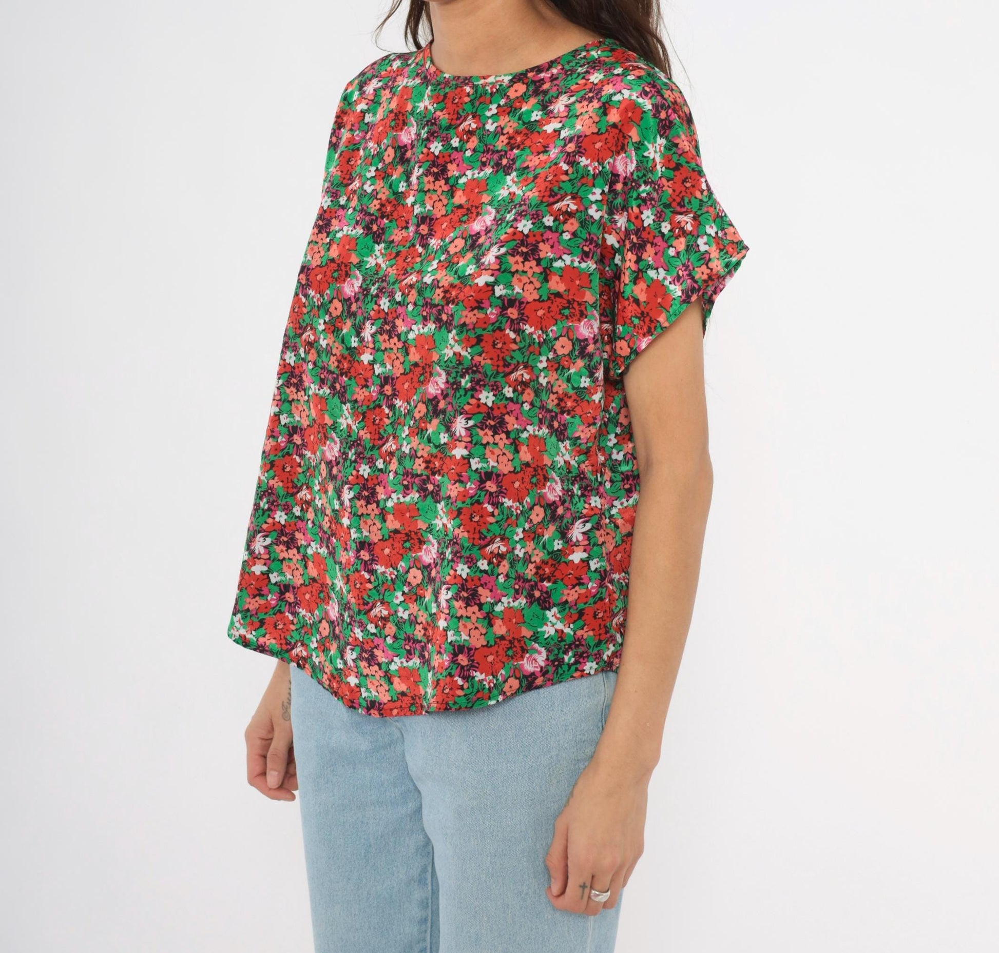 90s Jennifer Lloyd Floral Blouse Red Green Garden Print Cap Sleeve Medium