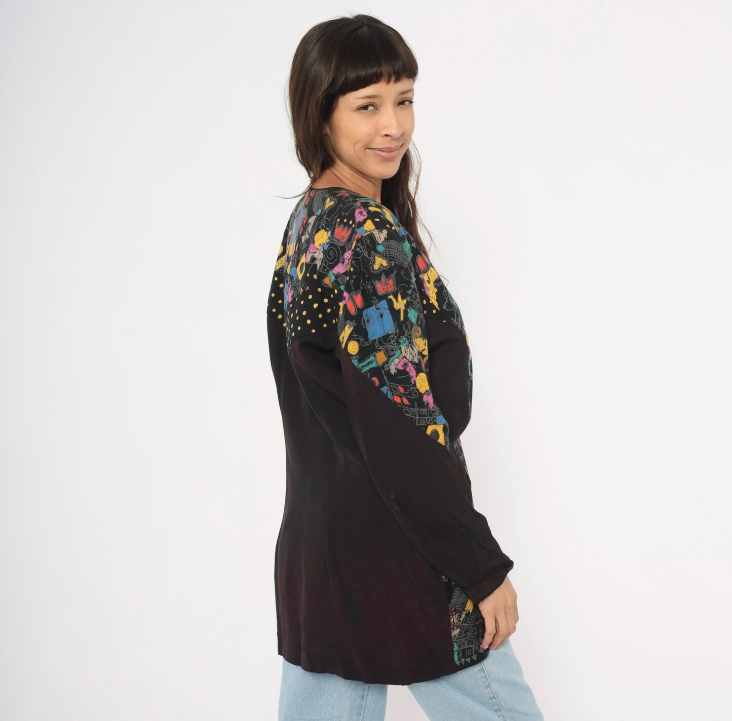 90s Choon Abstract Graffiti Blazer Deep V Black Multicolor Print Medium Large
