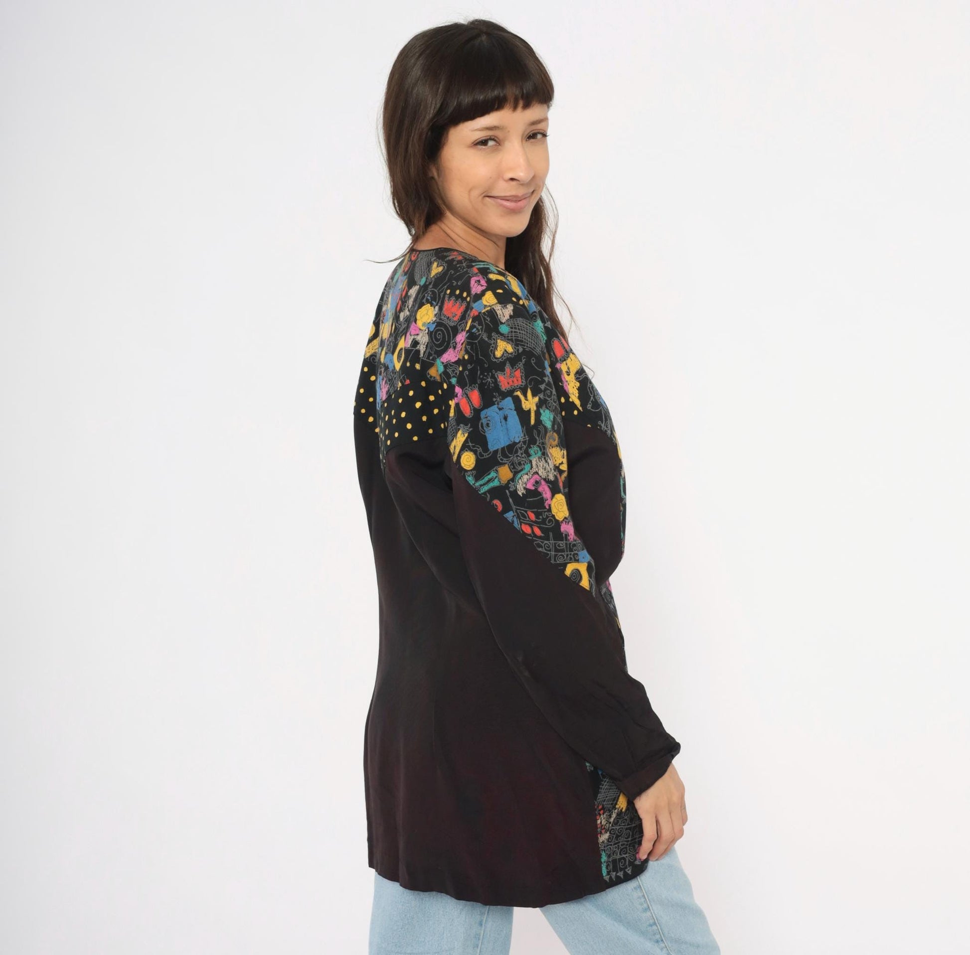 90s Choon Abstract Graffiti Blazer Deep V Black Multicolor Print Medium Large