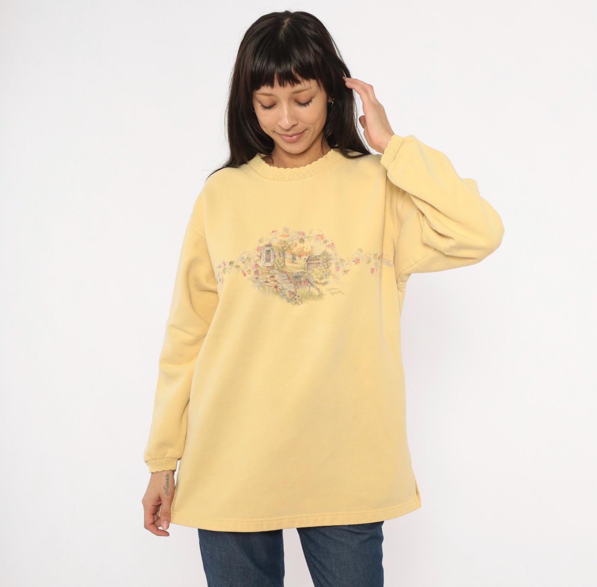 90s Northern Reflections Butter Yellow Garden Scene Sweatshirt Cotton Large L