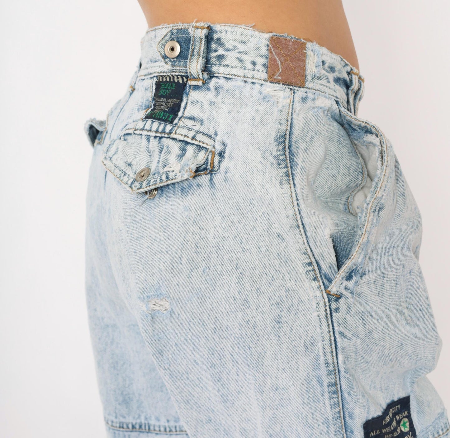 80s Bugle Boy Acid Wash Cargo Jeans Light Blue High Rise 33L