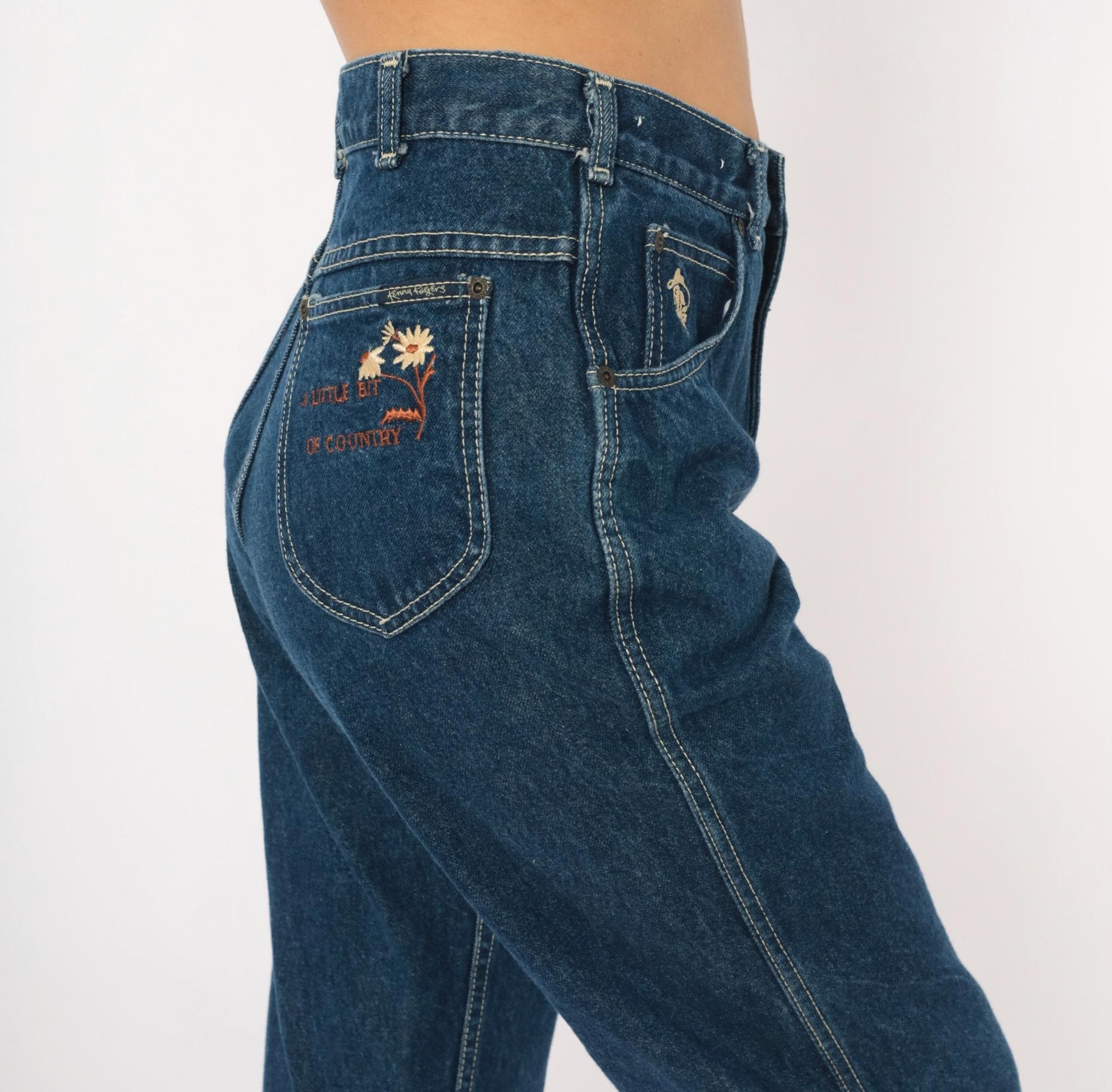 80s Kenny Rogers Western Embroidered Daisy Jeans High Waist Straight Leg Blue 28