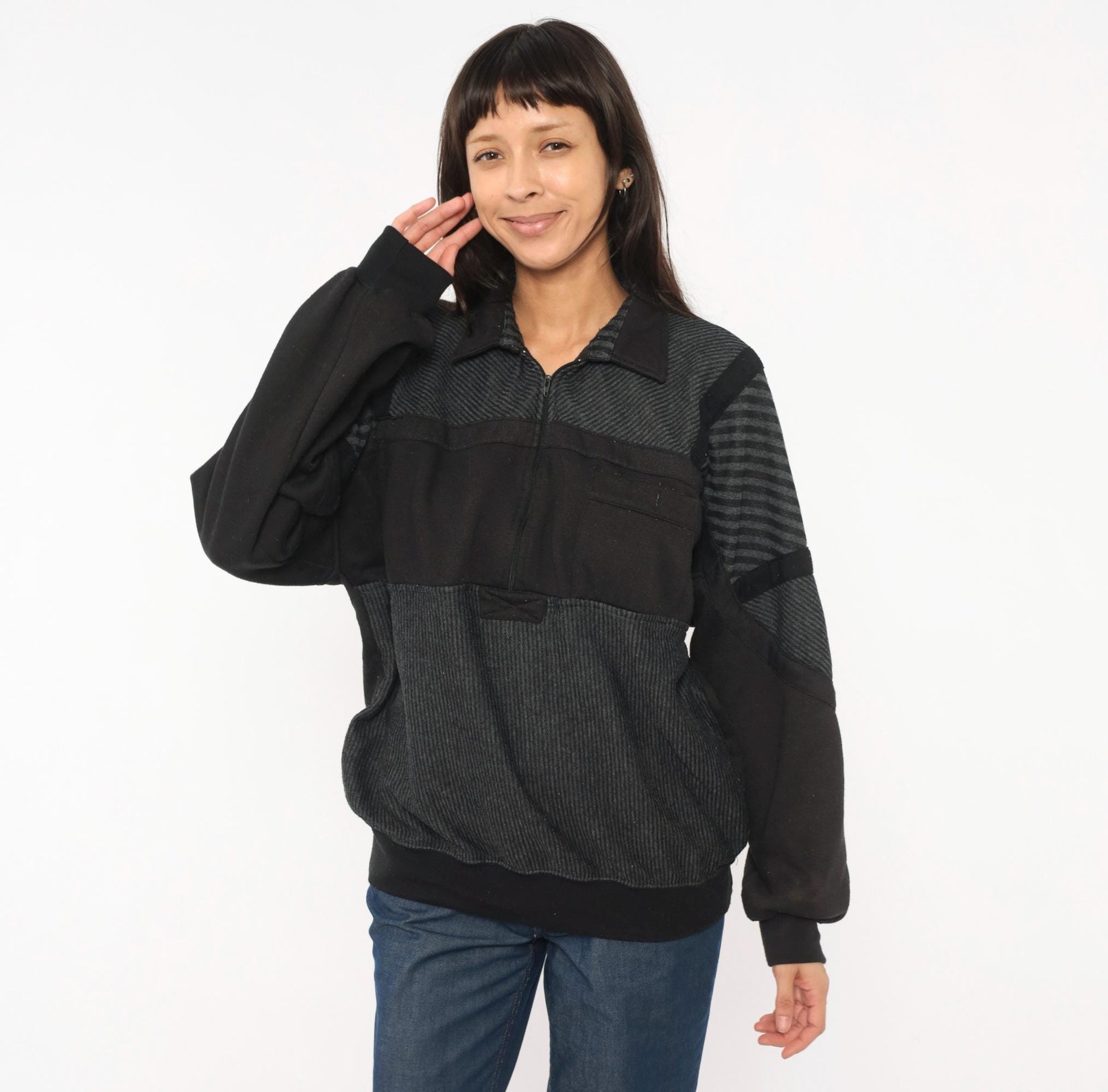 90s Alexxus Half-Zip Pullover Black Grey Patchwork Colorblock Sweatshirt Extra Large