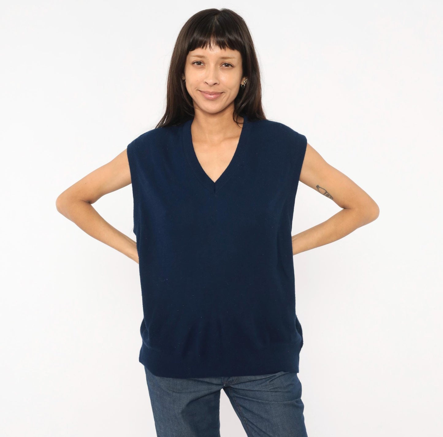 80s Janzen Navy Sweater Vest V-Neck Knit Sleeveless Pullover Extra Large XL