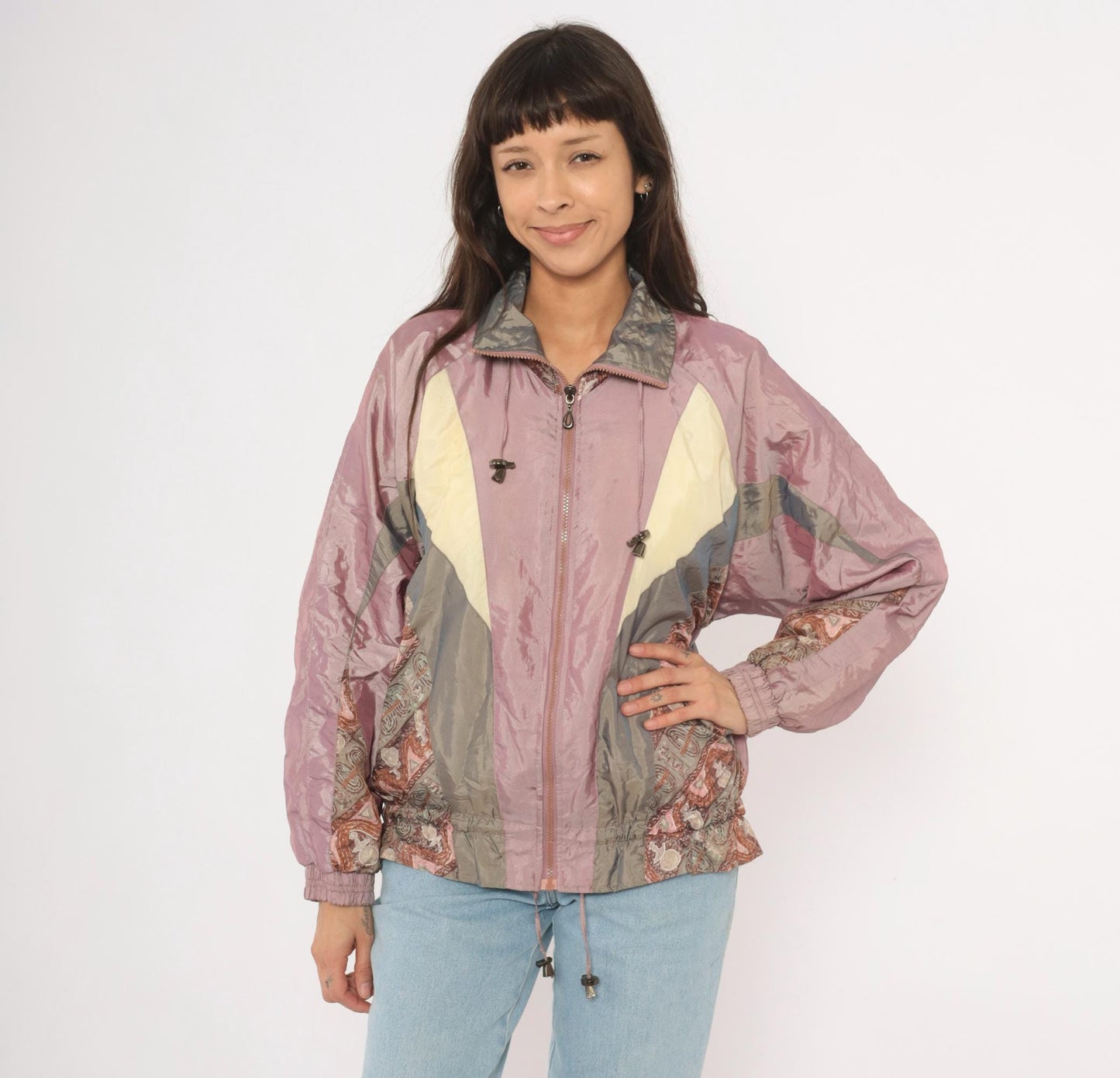 90s Westport Ltd. Colorblock Windbreaker Mauve Grey Cream Paisley Medium M