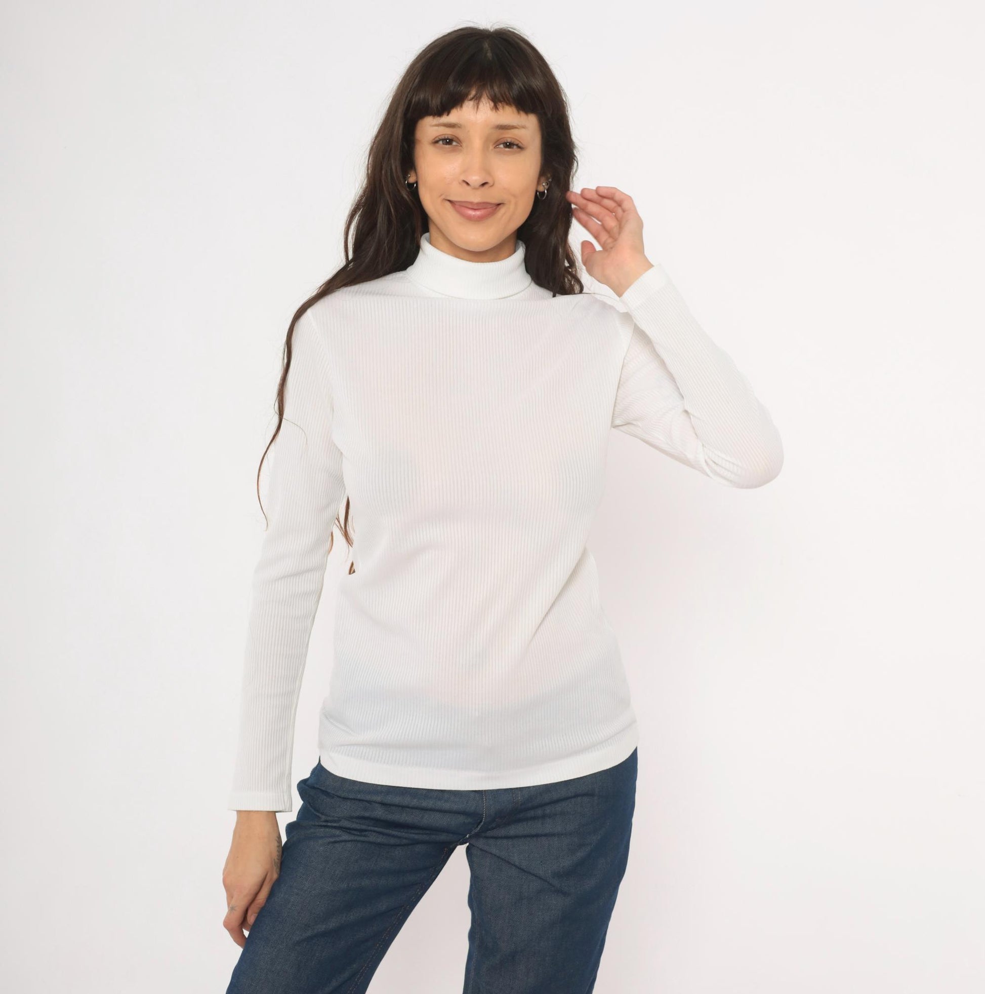 70s White Ribbed Mock Neck Top Long Sleeve Fitted Knit Zip Back Small