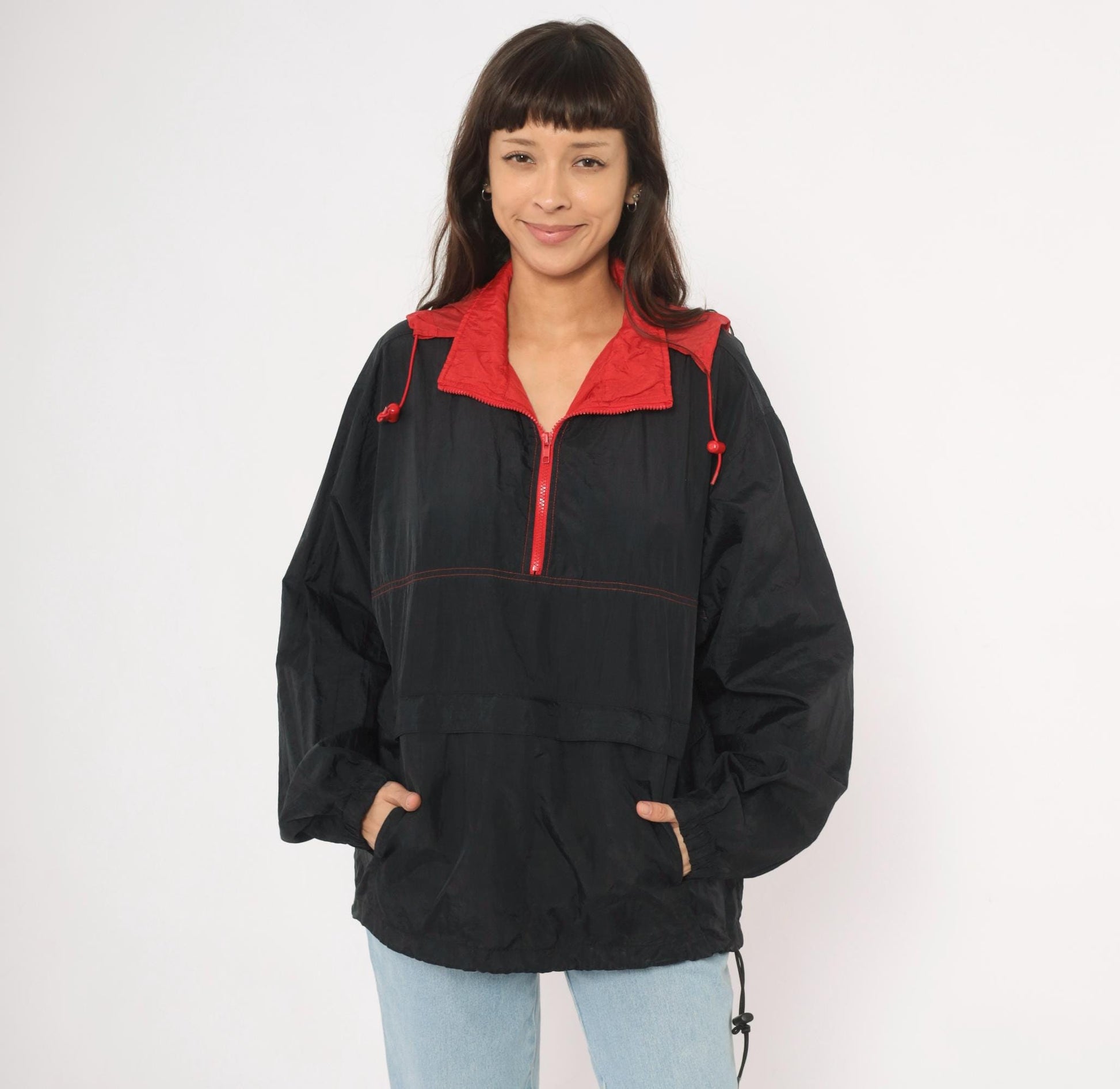90s Black Red Colorblock Anorak Windbreaker Pullover Jacket Medium M
