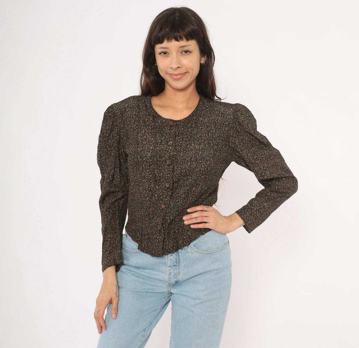90s Maggie Lawrence Black Gold Ditsy Floral Puff Sleeve Blouse Small S