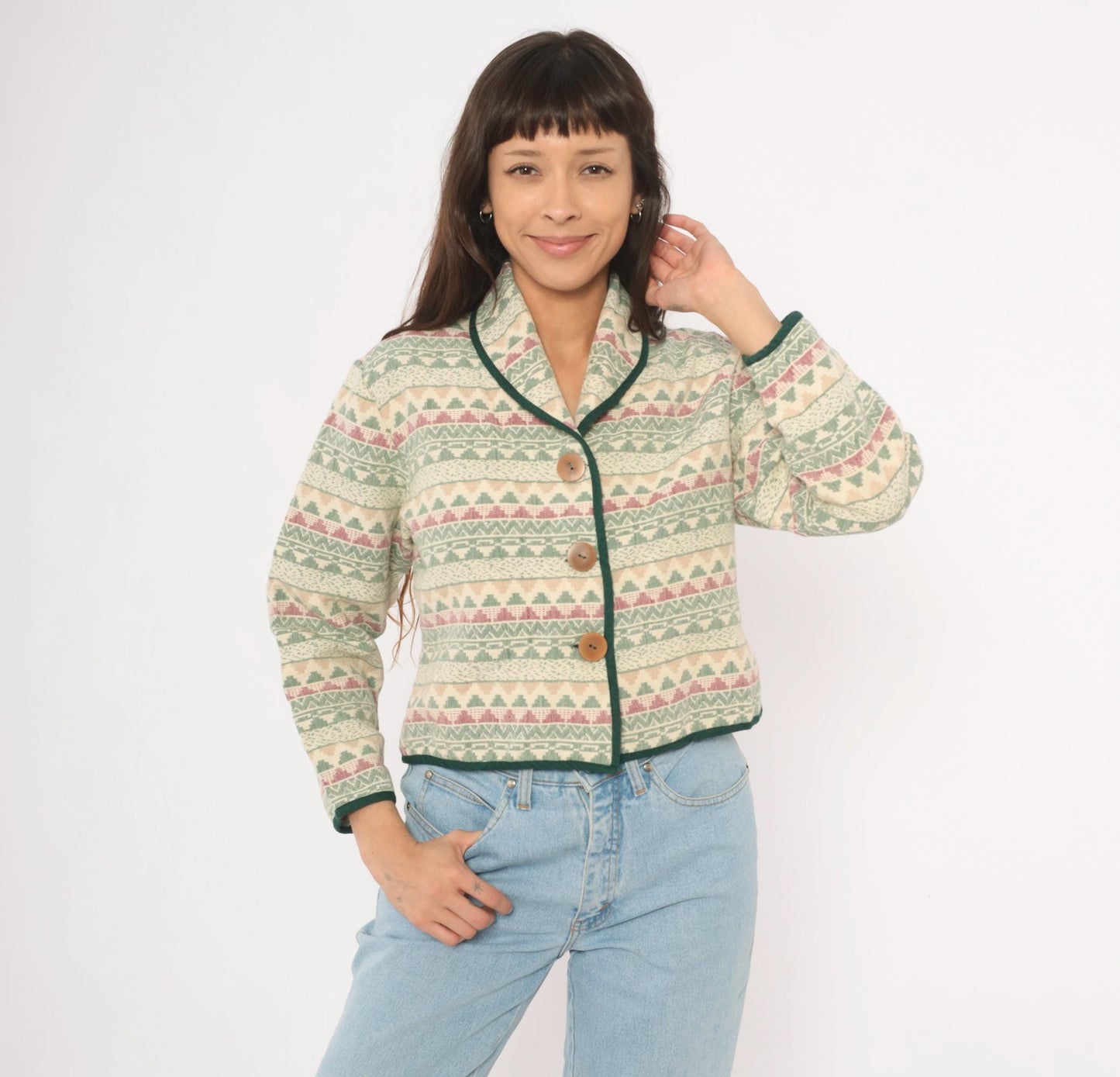 90s Southwest Canyon Tapestry Jacket Cropped Cream Sage Geometric Wooden Button Large L