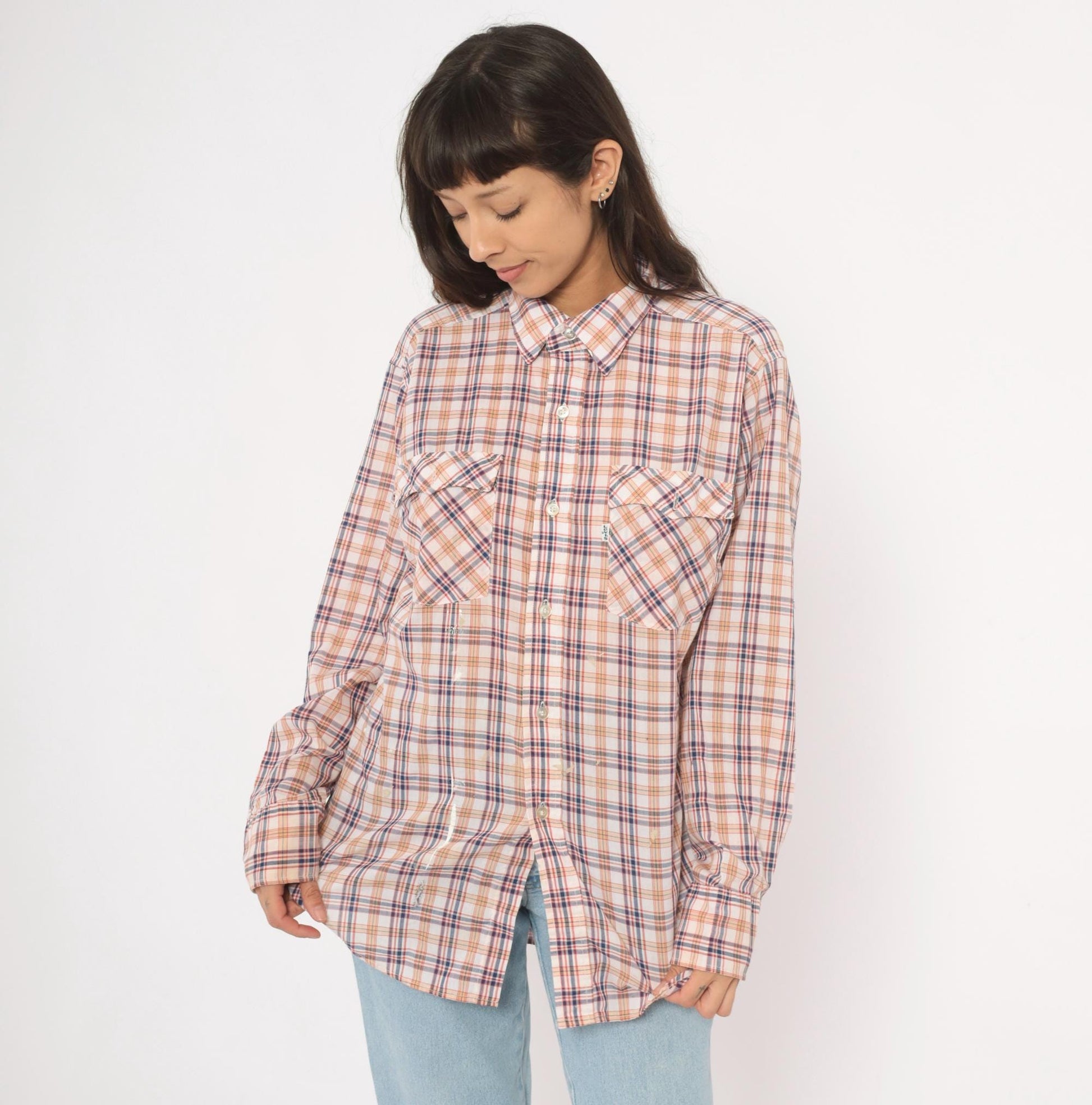 80s Levi Strauss Plaid Flannel Shirt White Navy Red Cotton Large L