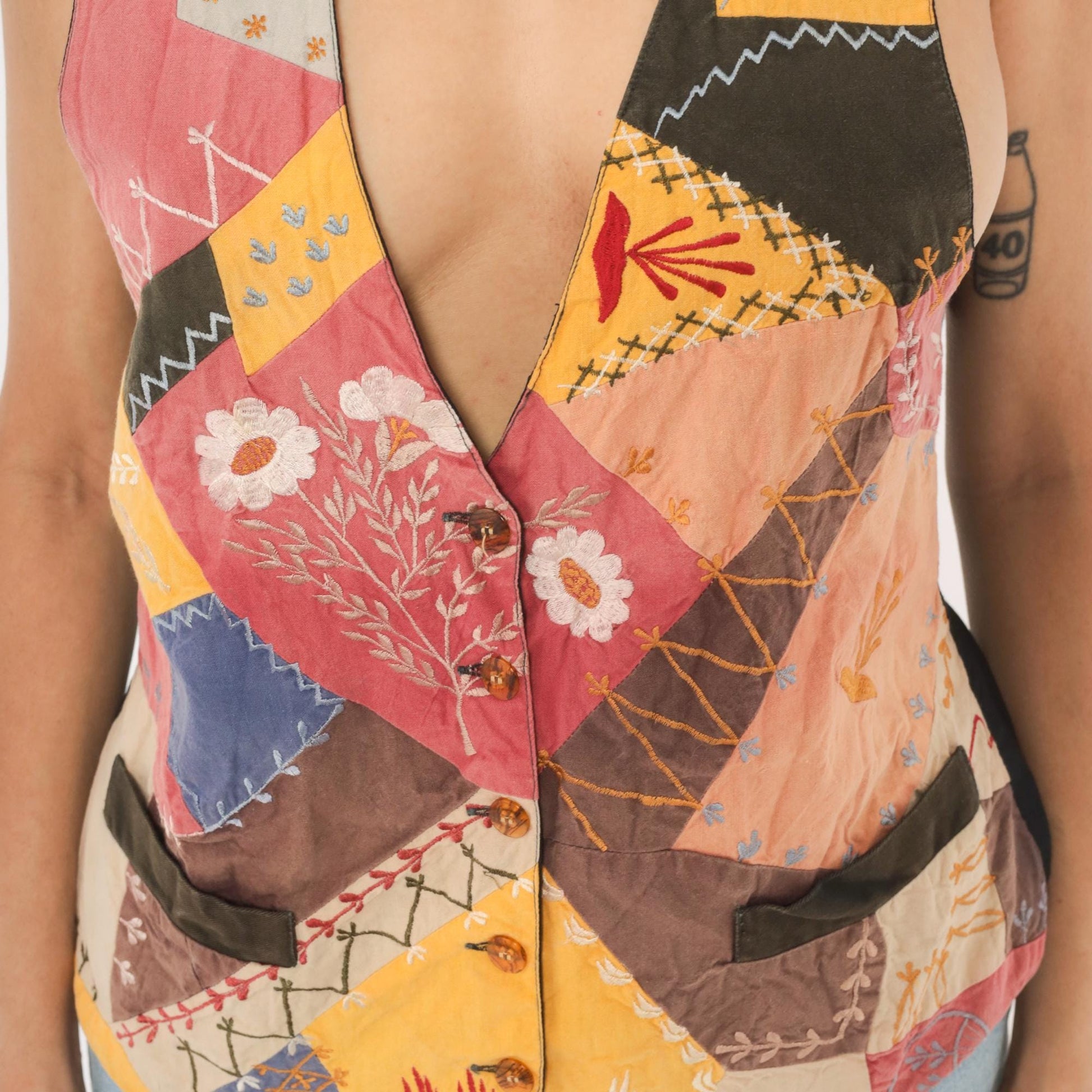 90s Exposed Clothing Patchwork Embroidered Vest Floral Crazy Quilt Small S