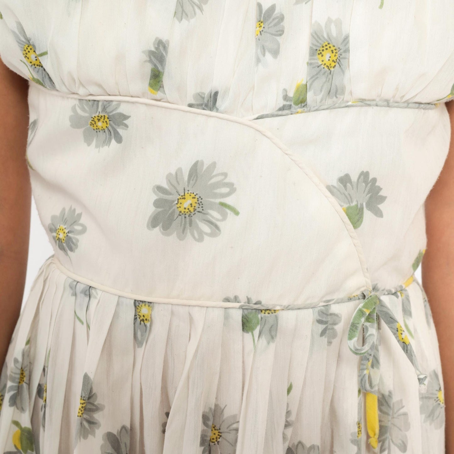 60s Daisy Print Fit And Flare Dress White Yellow Cotton Cap Sleeve Extra Small XS