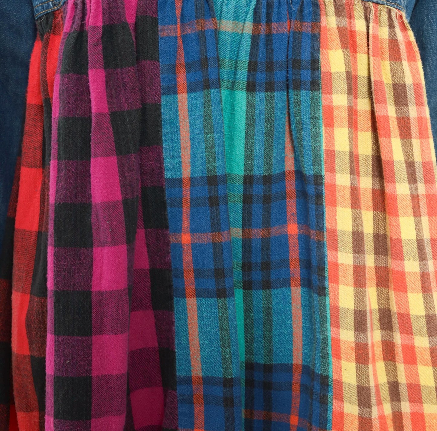 90s American Pop Denim Babydoll Mini Dress Patchwork Plaid Multicolor Extra Small