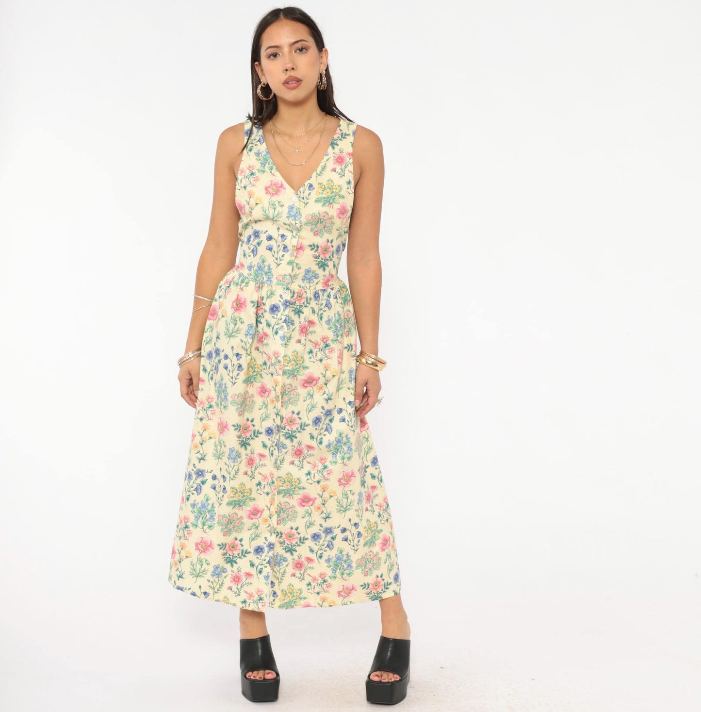 90s Faith Mountain Company Botanical Midi Dress Butter Yellow Floral V-Neck Small