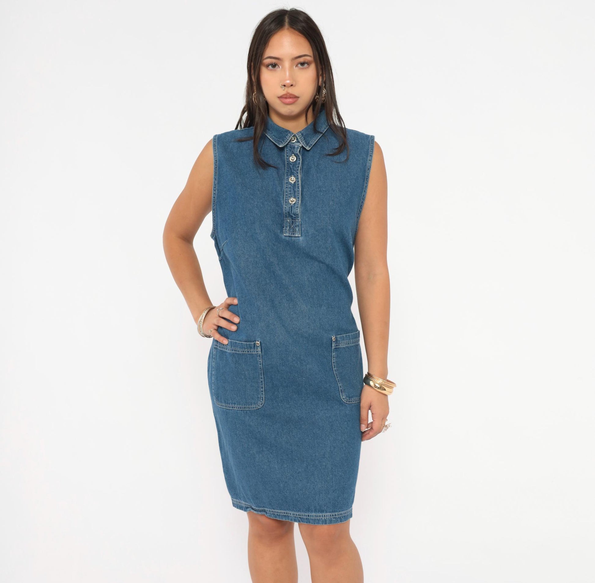 90s Denim Shift Dress Sleeveless Button Front Blue Jean Medium Large