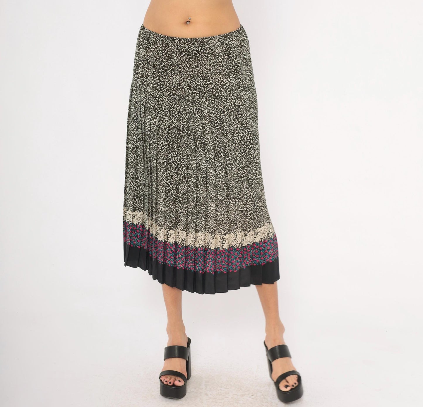 80s Floral Border Midi Skirt Black Cream Rose Pink Teal Pleated Medium Large