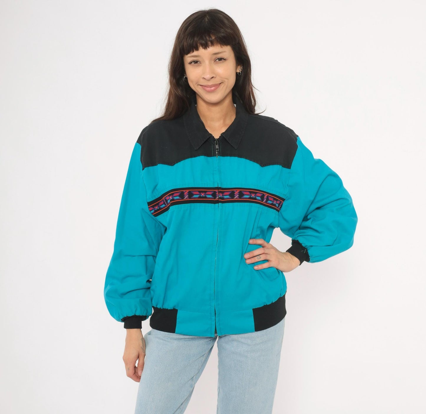 90s Santa Fe Trail Southwestern Bomber Jacket Teal Black Western Yoke Medium
