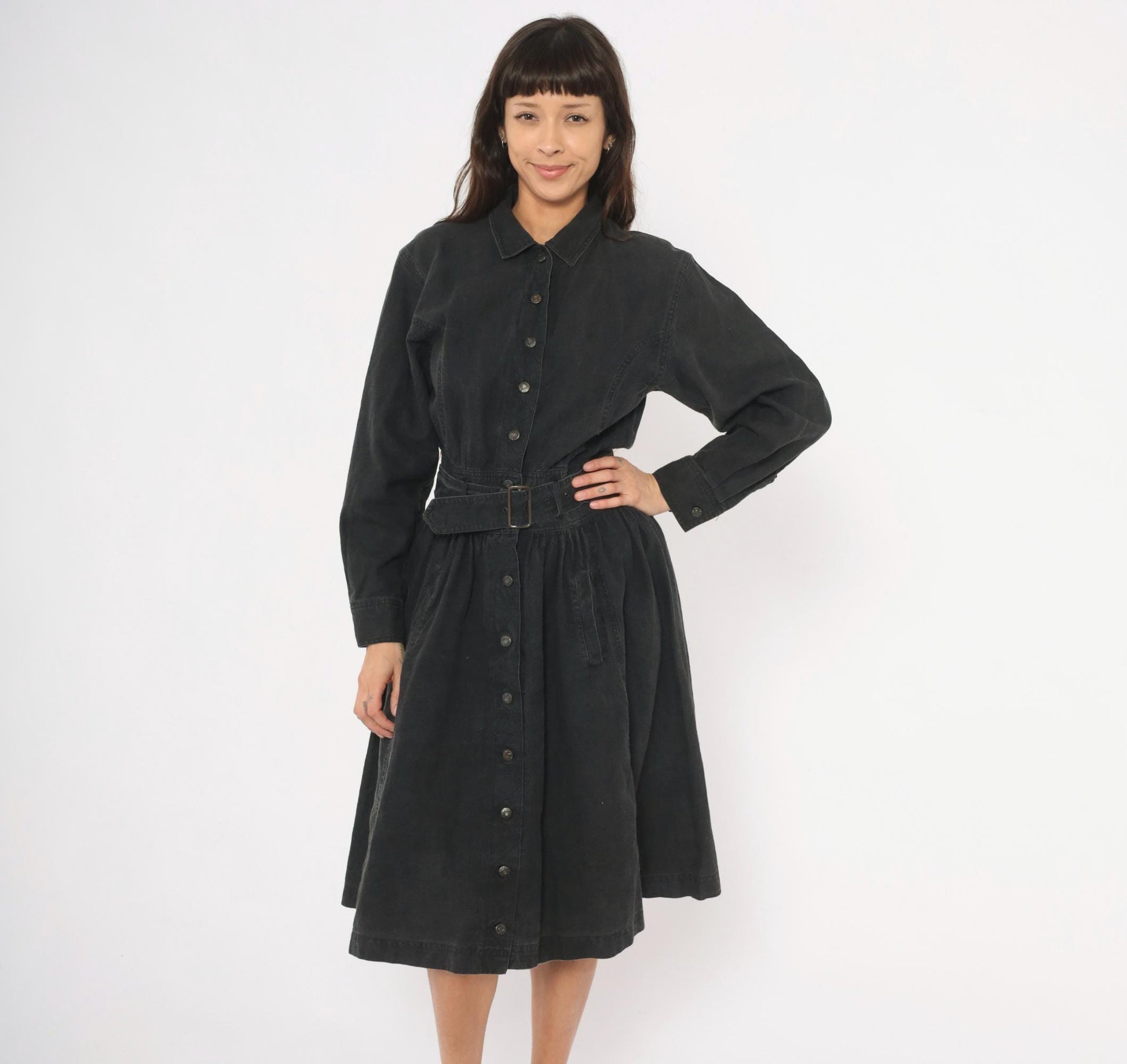 90s Gitano Black Denim Shirtdress Belted A-Line Gathered Skirt Medium M