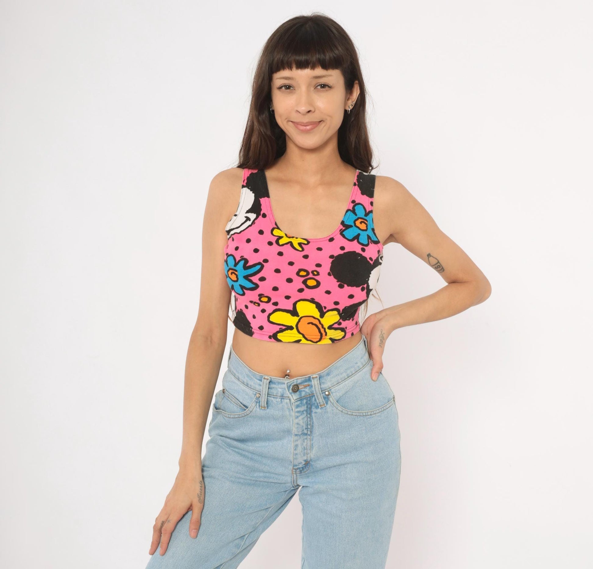 90s Mickey & Co Crop Tank Top Pink Floral Polka Dot Small S