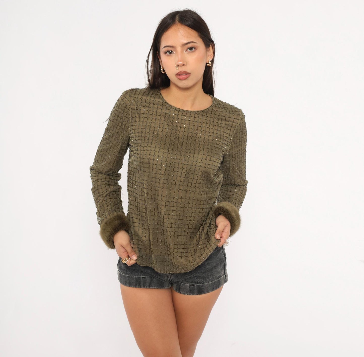 2000s Chetta B Olive Beaded Mesh Top Fur Cuff Blouse Medium M