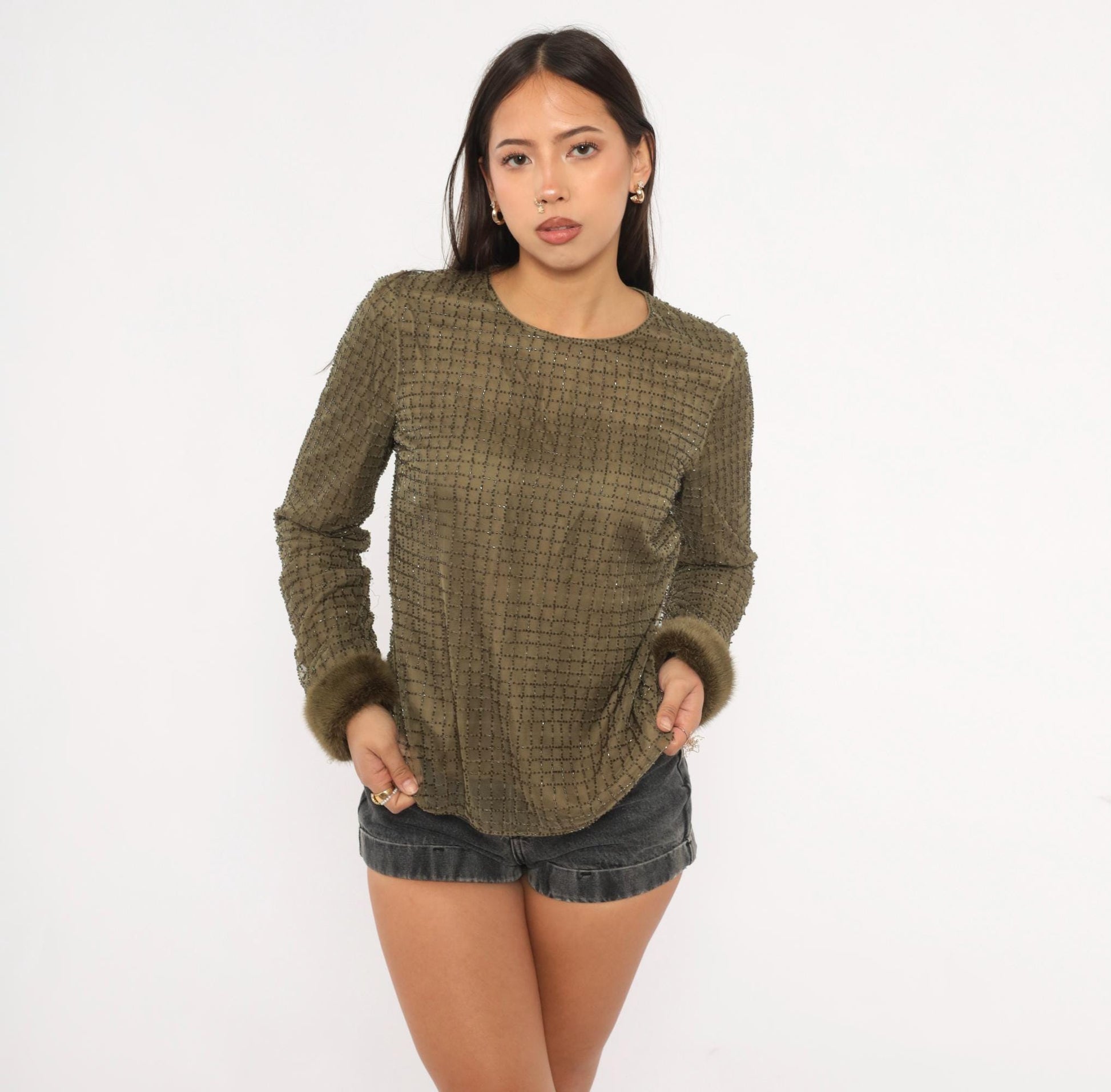 2000s Chetta B Olive Beaded Mesh Top Fur Cuff Blouse Medium M