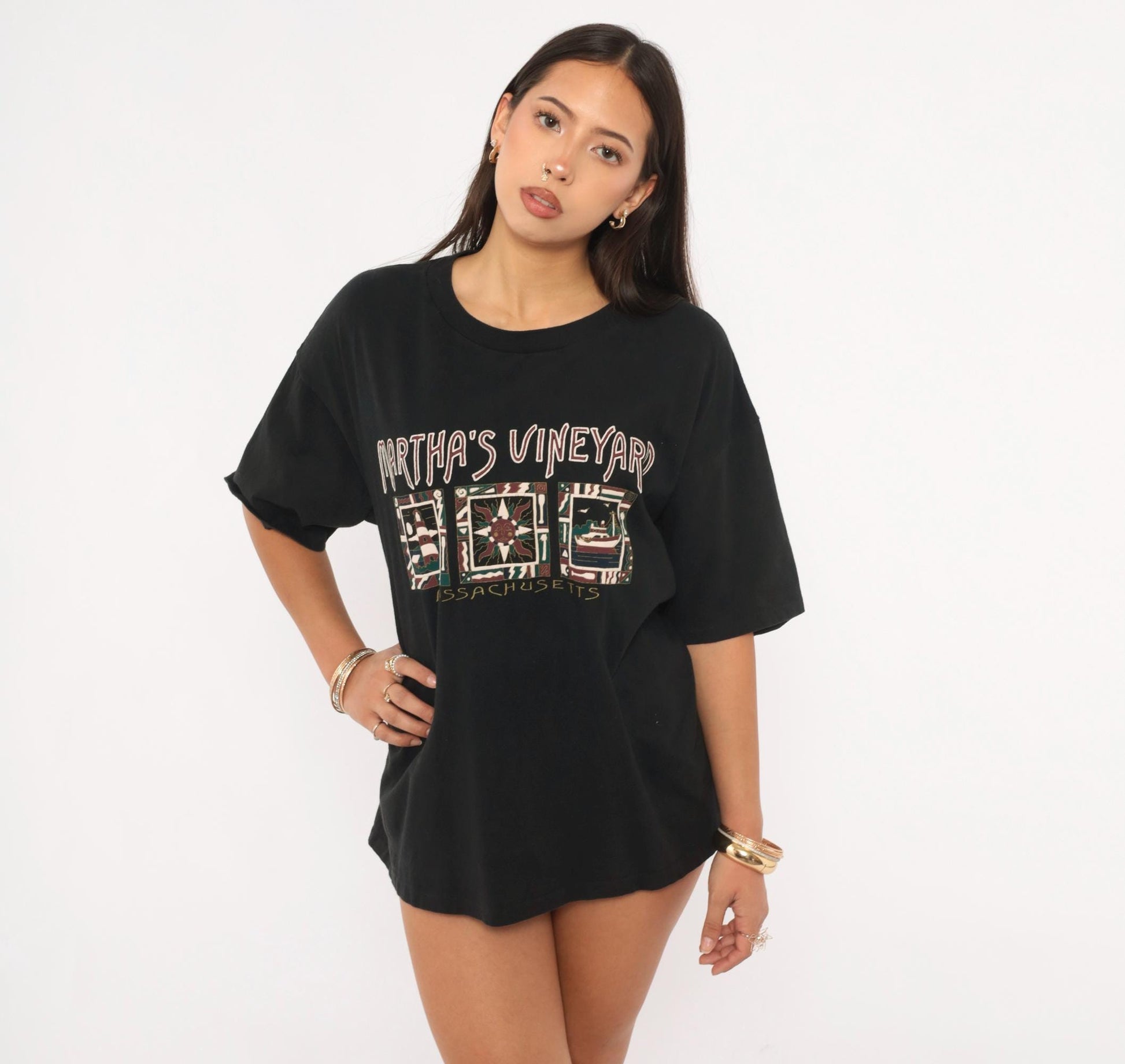 90s Martha's Vineyard Massachusetts Graphic Tee Black Cotton Oneita Large L