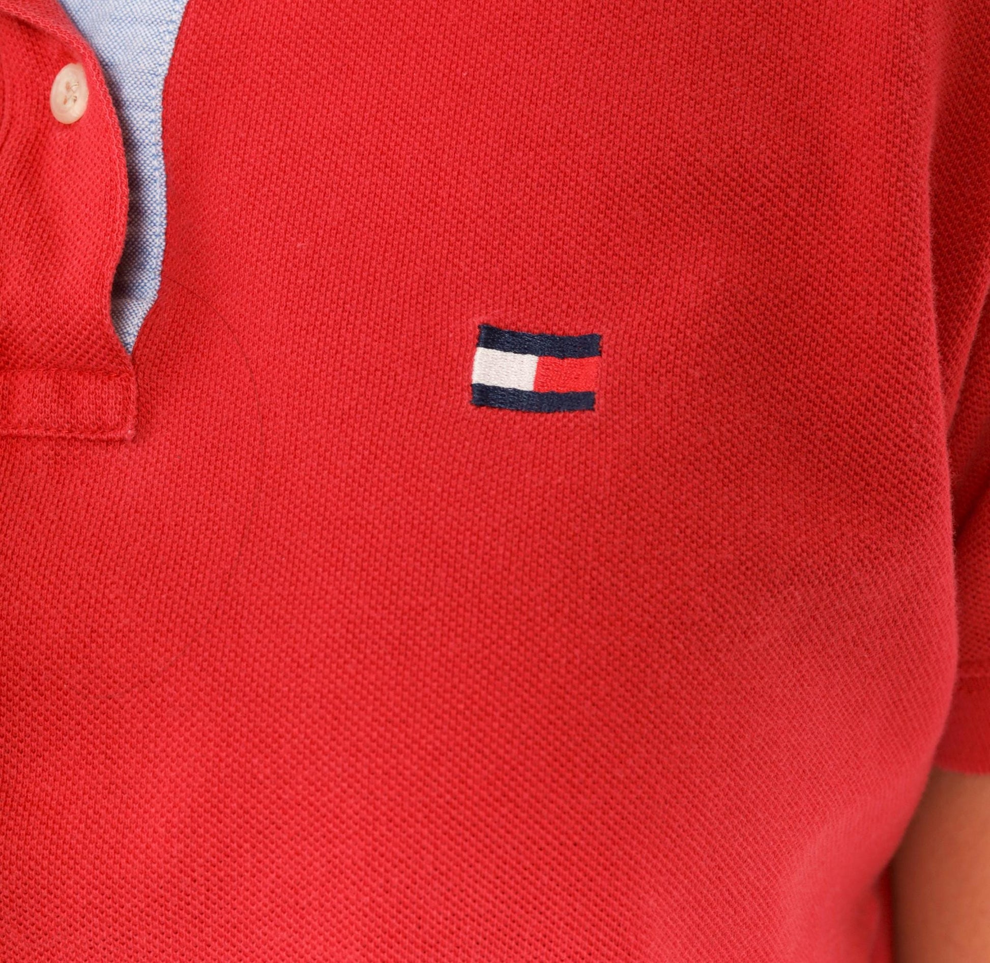 2000s Tommy Hilfiger Red Cotton Pique Polo Shirt Embroidered Flag Logo Medium M