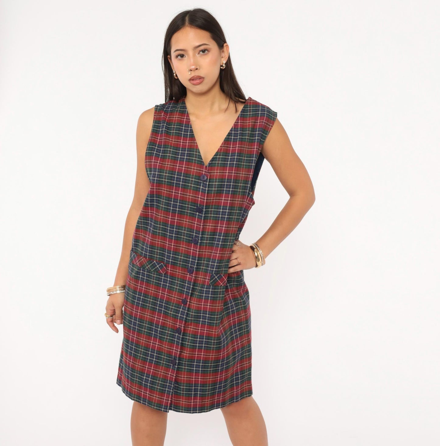 90s Baxter Wells Plaid Jumper Dress Navy Red Green Tartan Knee-Length Large L