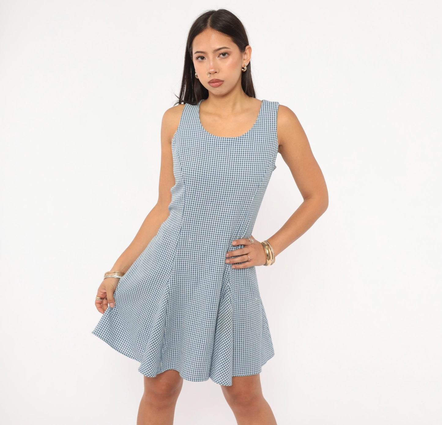 90s Especially Yours Gingham Mini Dress Blue White Lace-Up Back Medium