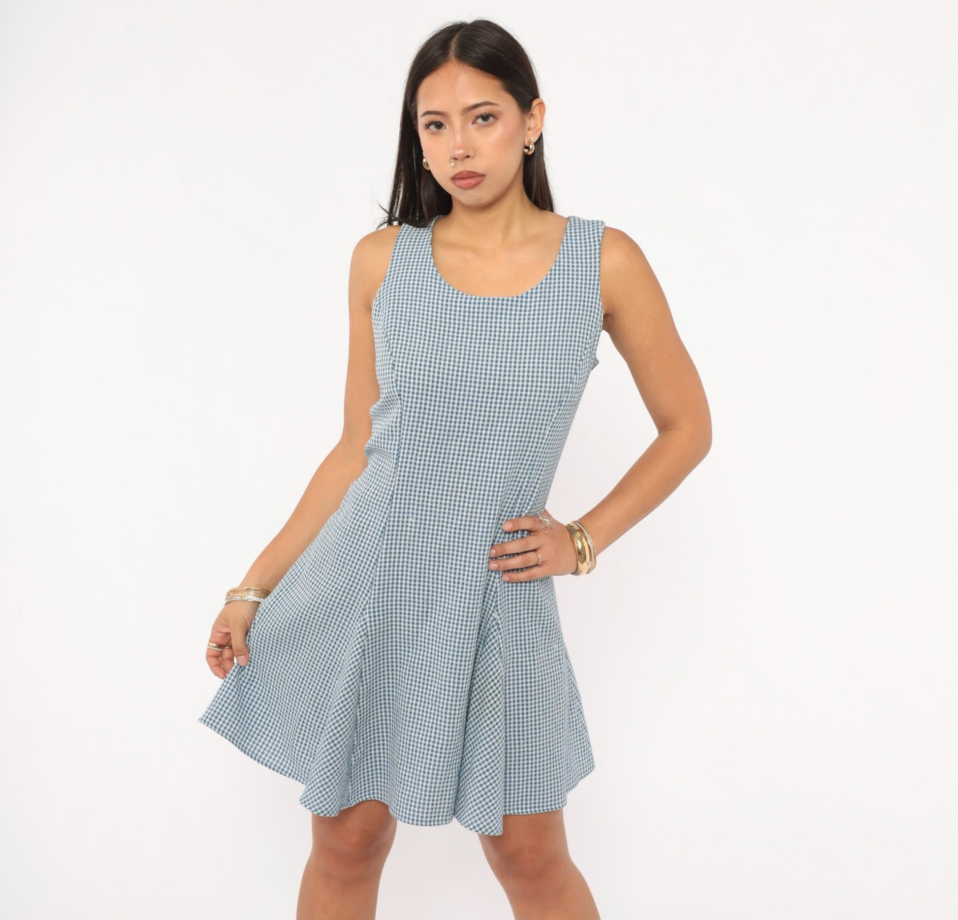 90s Especially Yours Gingham Mini Dress Blue White Lace-Up Back Medium