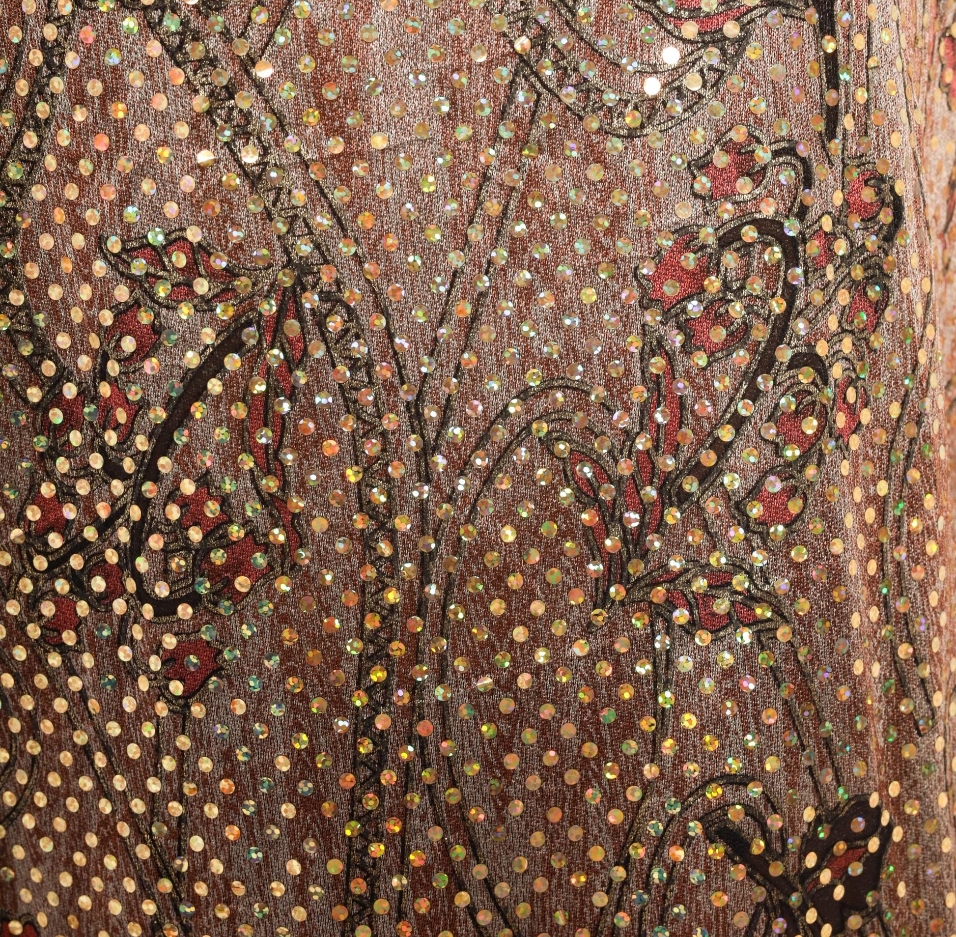 90s Metallic Shimmer Maxi Slip Dress Tan Burgundy Floral Gold Spaghetti Strap Large L