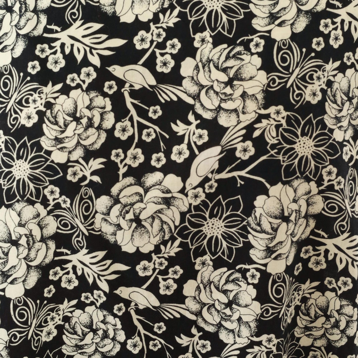 80s Floral Bird Print Sundress Black Cream Tie Shoulder A-Line Knee Length Medium M