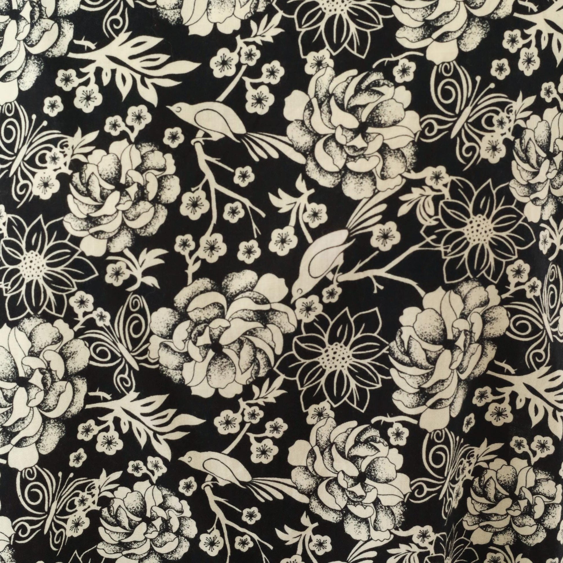 80s Floral Bird Print Sundress Black Cream Tie Shoulder A-Line Knee Length Medium M