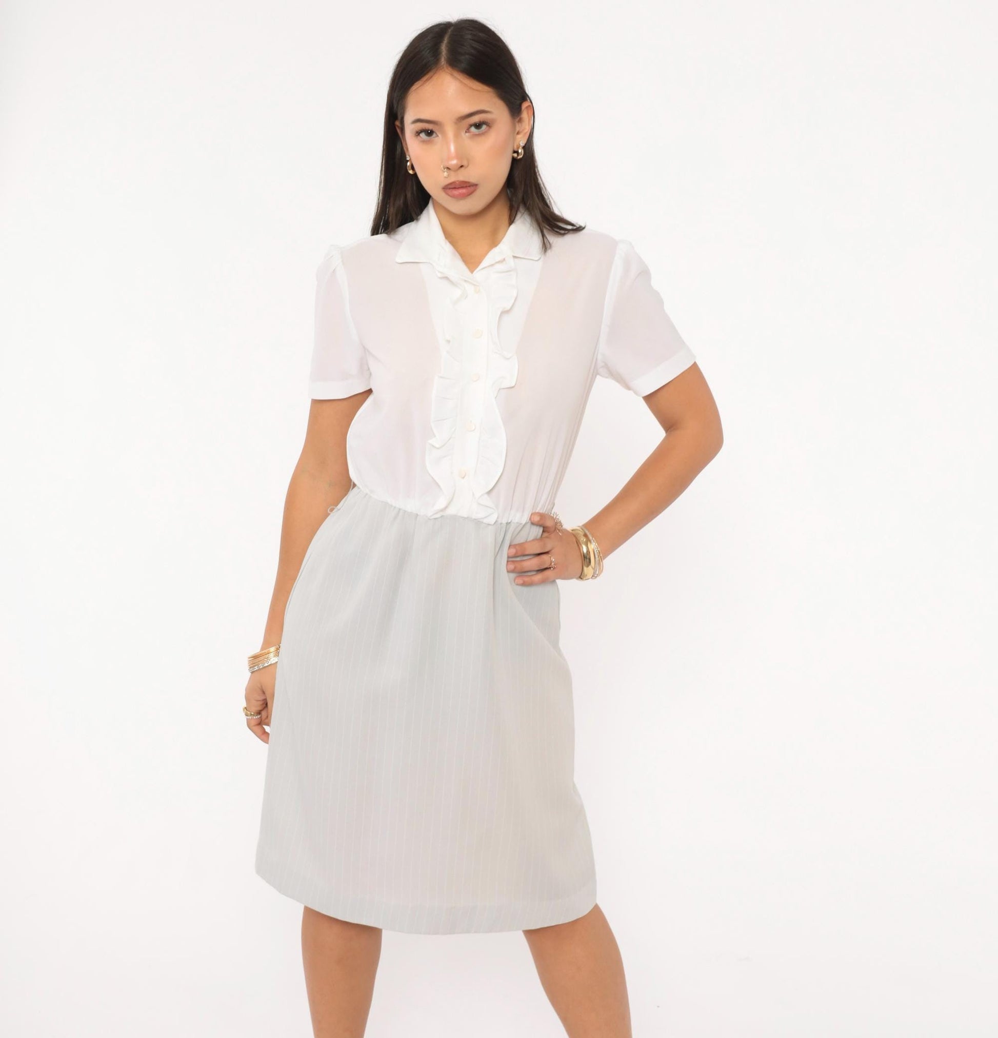 80s Two-Tone Shirtdress White Ruffle Pinstripe Grey Puff Sleeve Small Medium