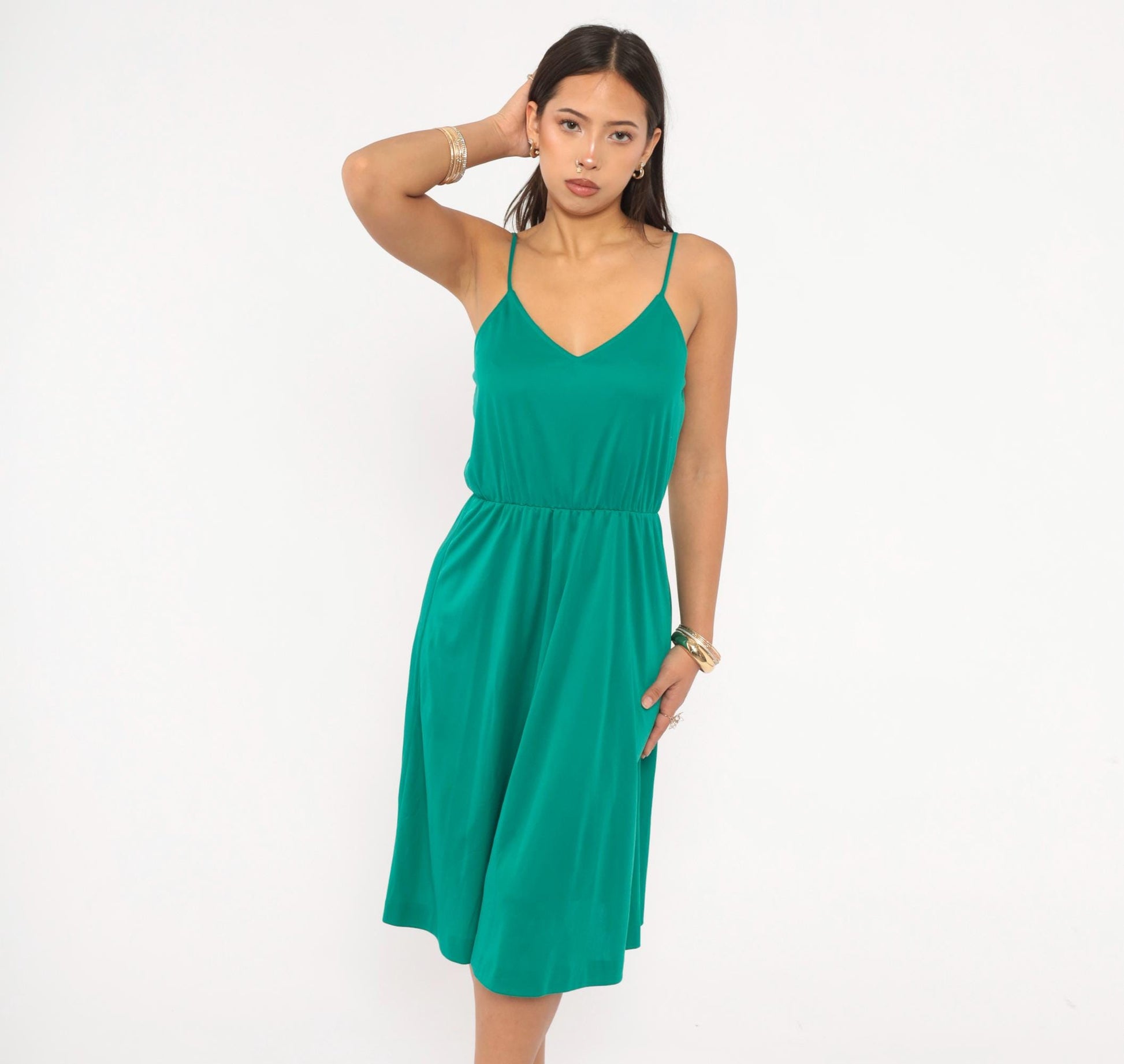 70s Teal Spaghetti Strap Sundress V Neck Gathered Waist Knee Length Extra Small