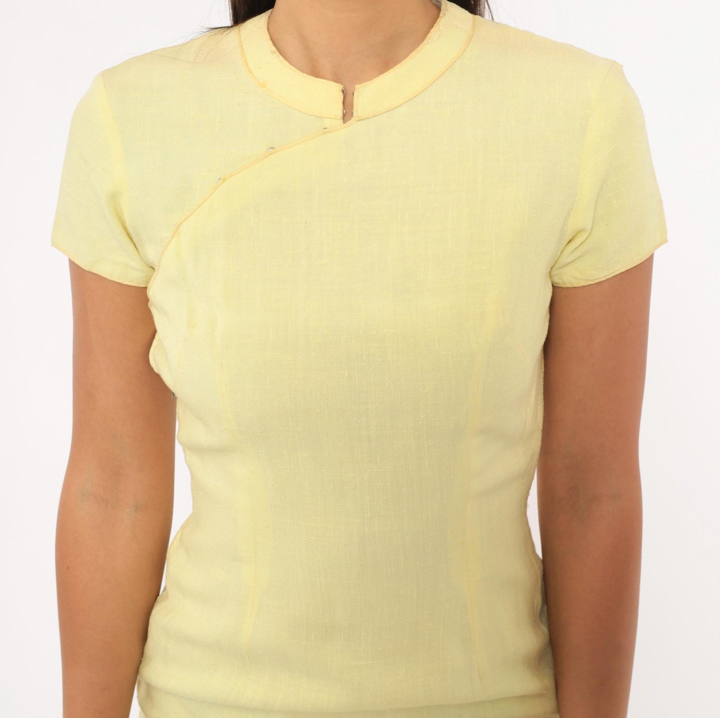 70s Butter Yellow Cheongsam Mandarin Collar Dress Linen Cotton Pencil XS