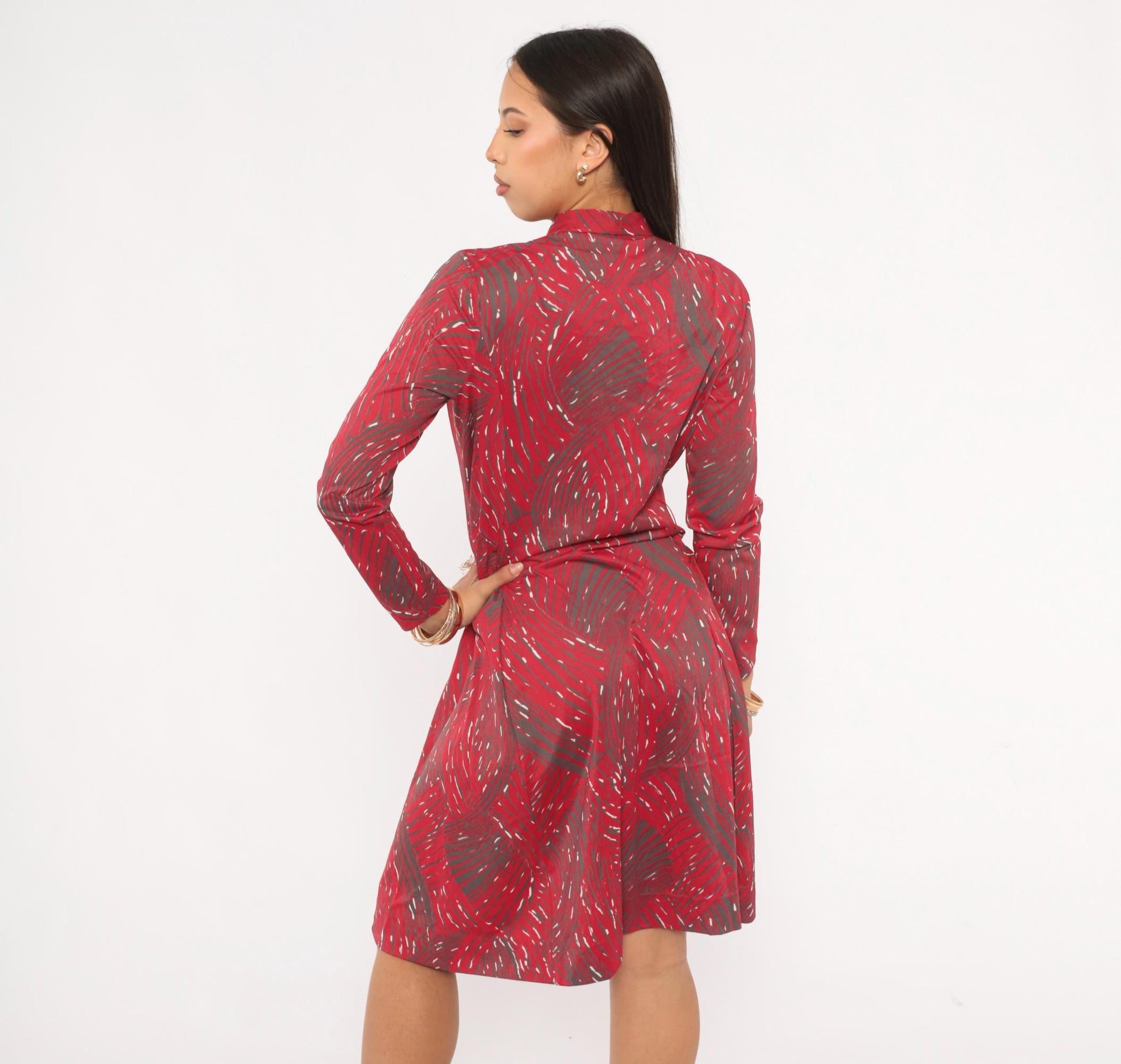 1960s Shelton Stroller Tie Bow Dress Red Grey Abstract Swirl Knee-Length Medium