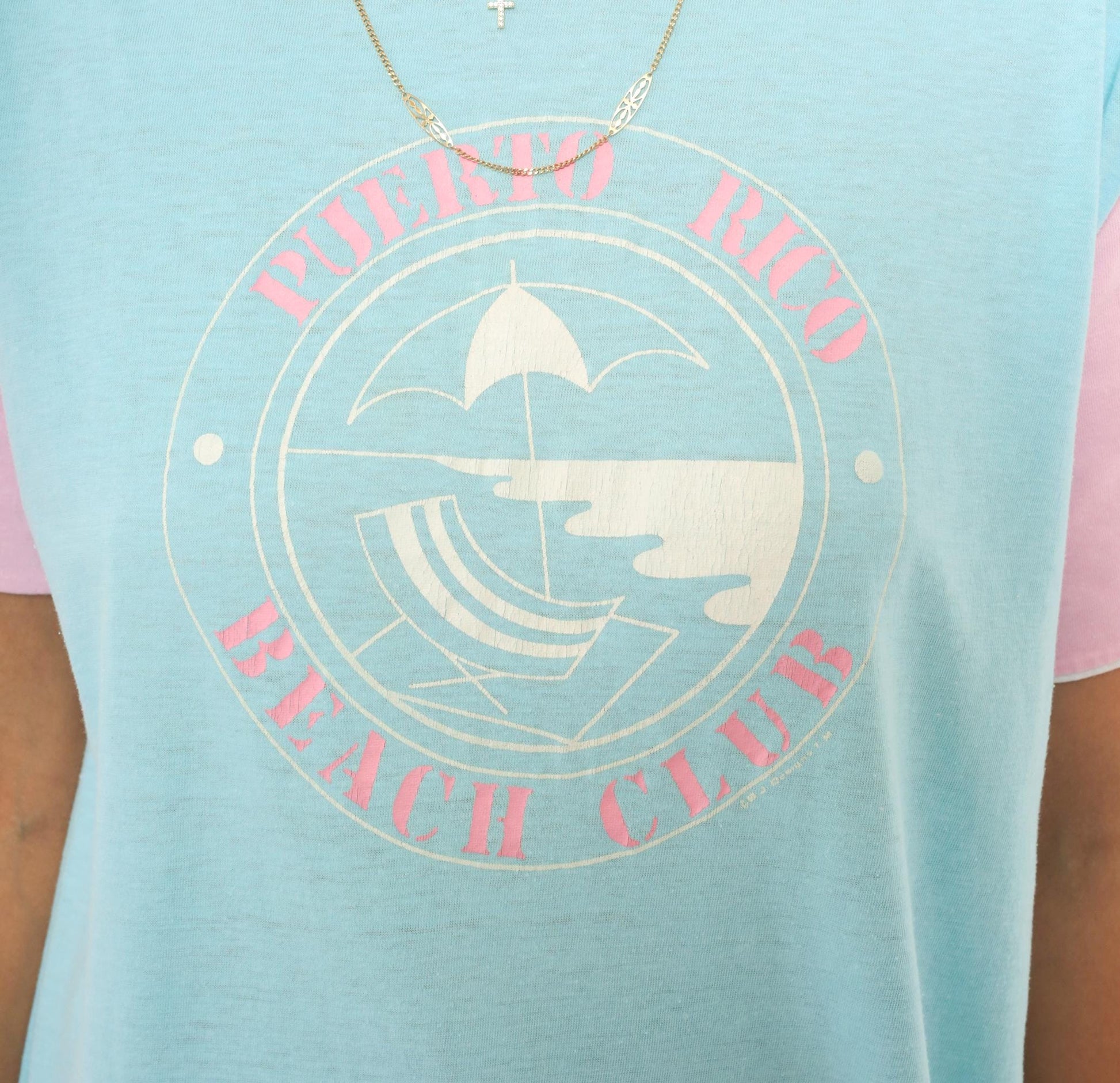 80s Puerto Rico Beach Club Colorblock Tee Baby Blue Pink Graphic Medium