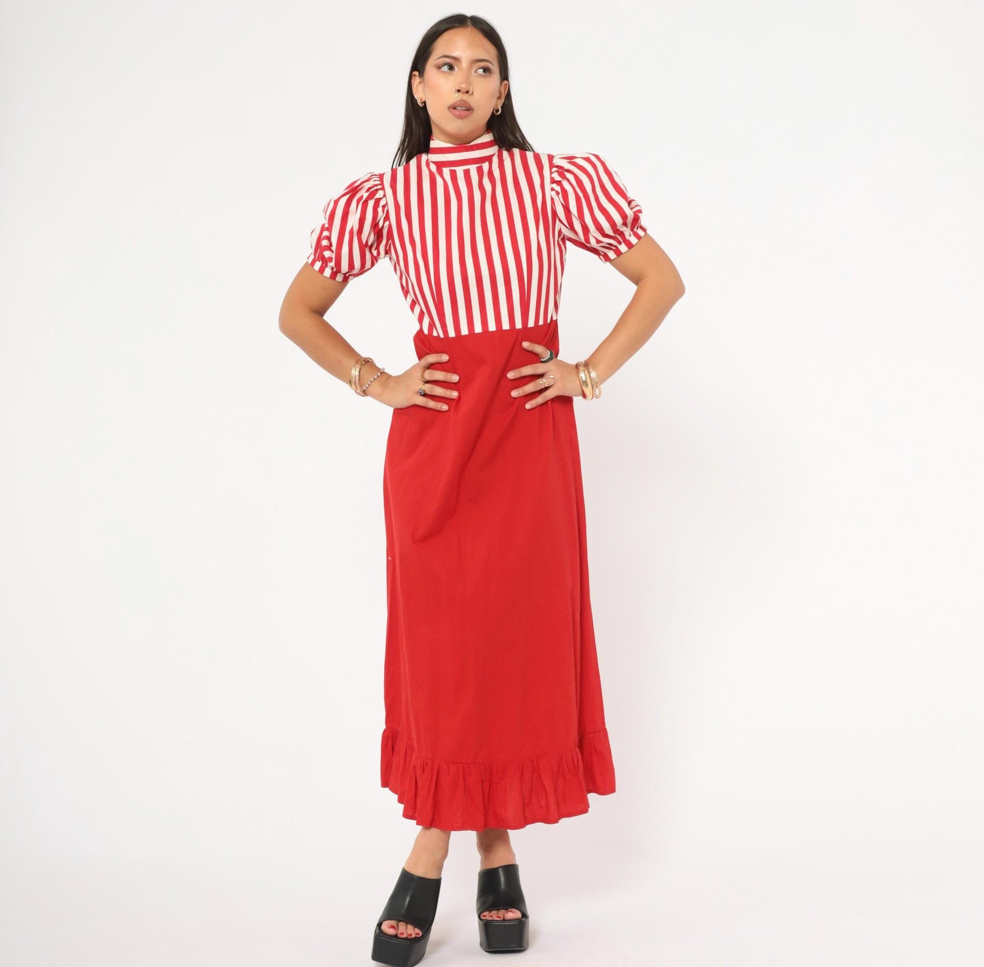 70s Red White Striped Cotton Maxi Dress Puff Sleeve Empire Waist Medium M