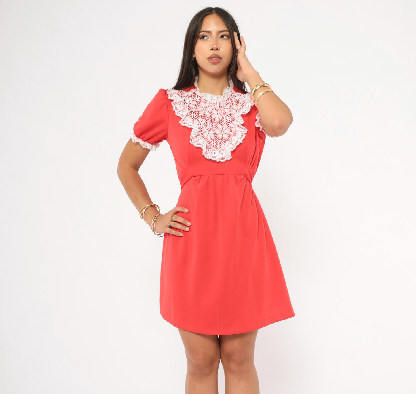 70s Red Mini Dress White Lace Bib Puff Sleeve A-Line Small S