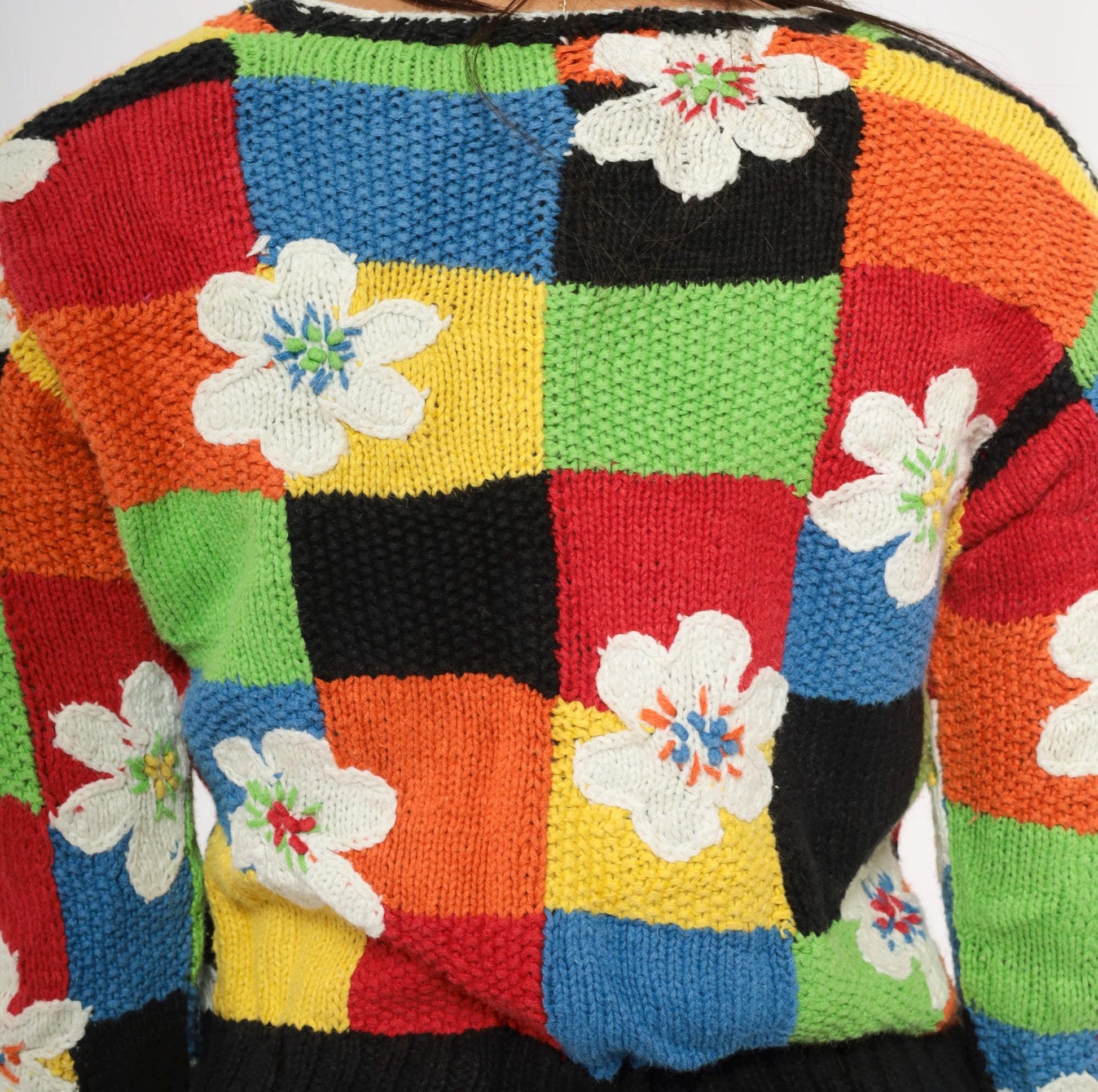 2000s Susan Bristol Patchwork Cardigan Colorblock Floral Applique Small S