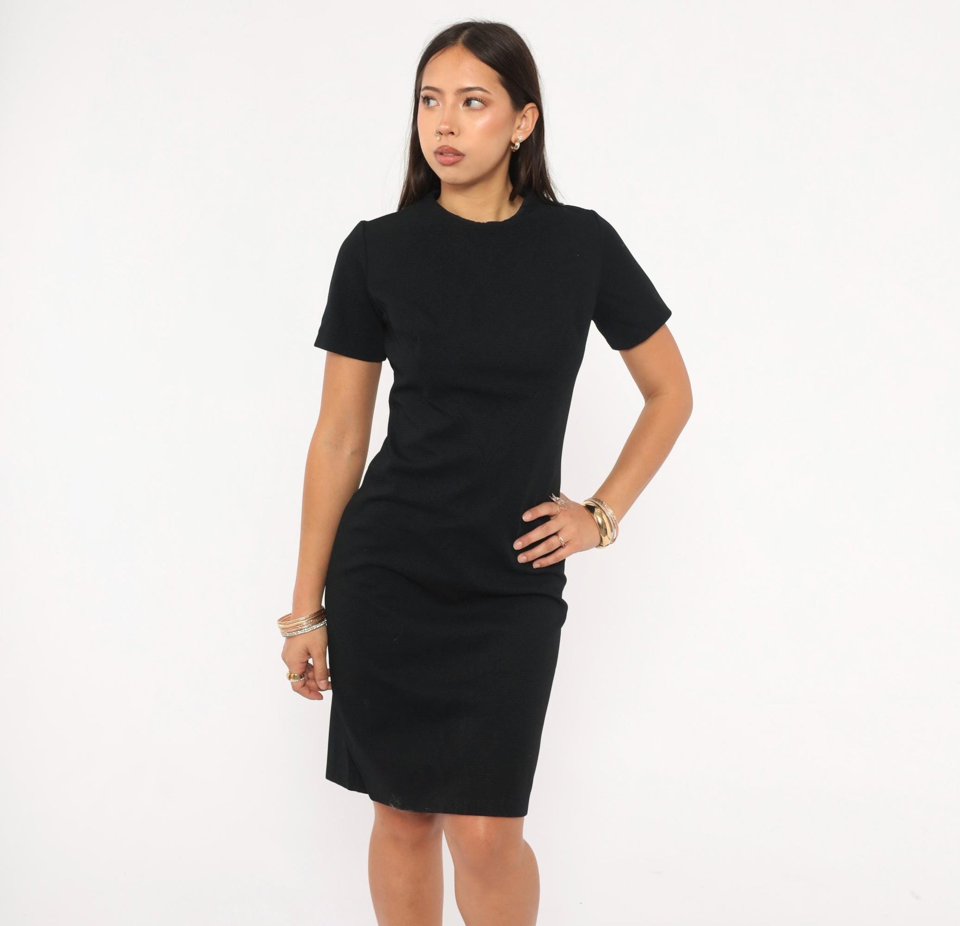 70s Black Shift Dress Crew Neck Short Sleeve Knee Length Small
