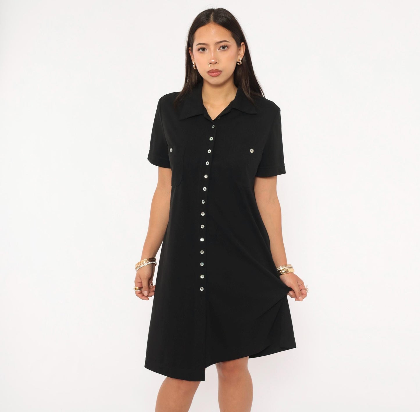 90s Jessica Howard Black Shirt Dress Button Front Collar Knee-Length Medium M