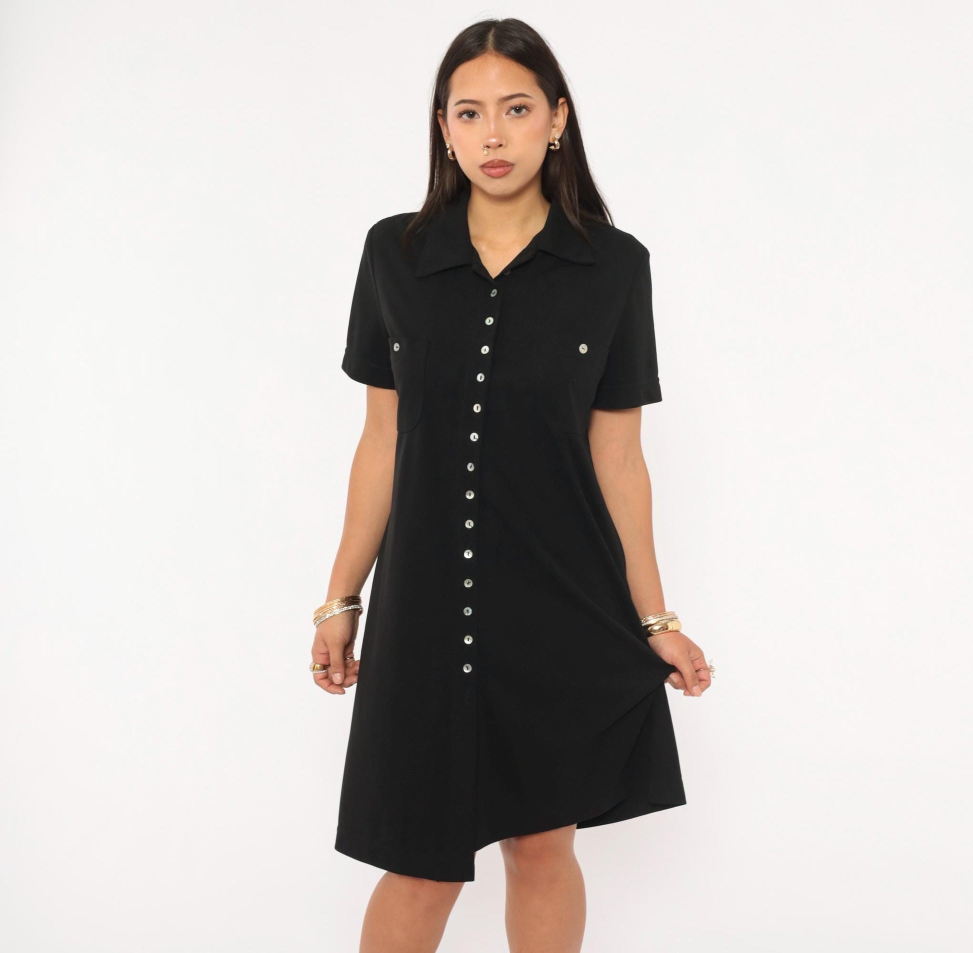90s Jessica Howard Black Shirt Dress Button Front Collar Knee-Length Medium M