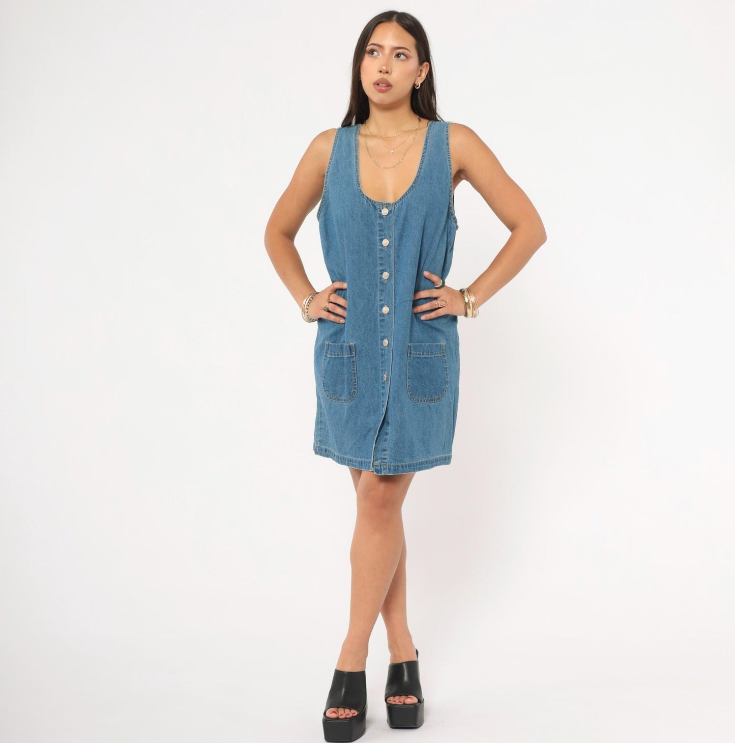 90s Cherokee Denim Jumper Dress Button Front Mini Blue Chambray Large L