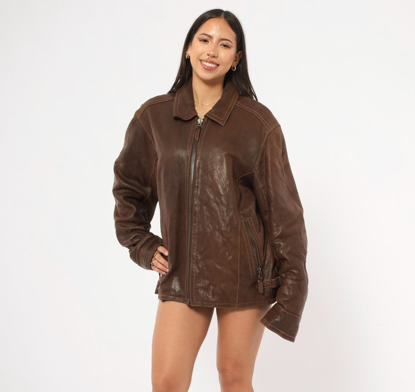 Y2K Wilsons Brown Leather Moto Jacket Paneled Spread Collar Large L
