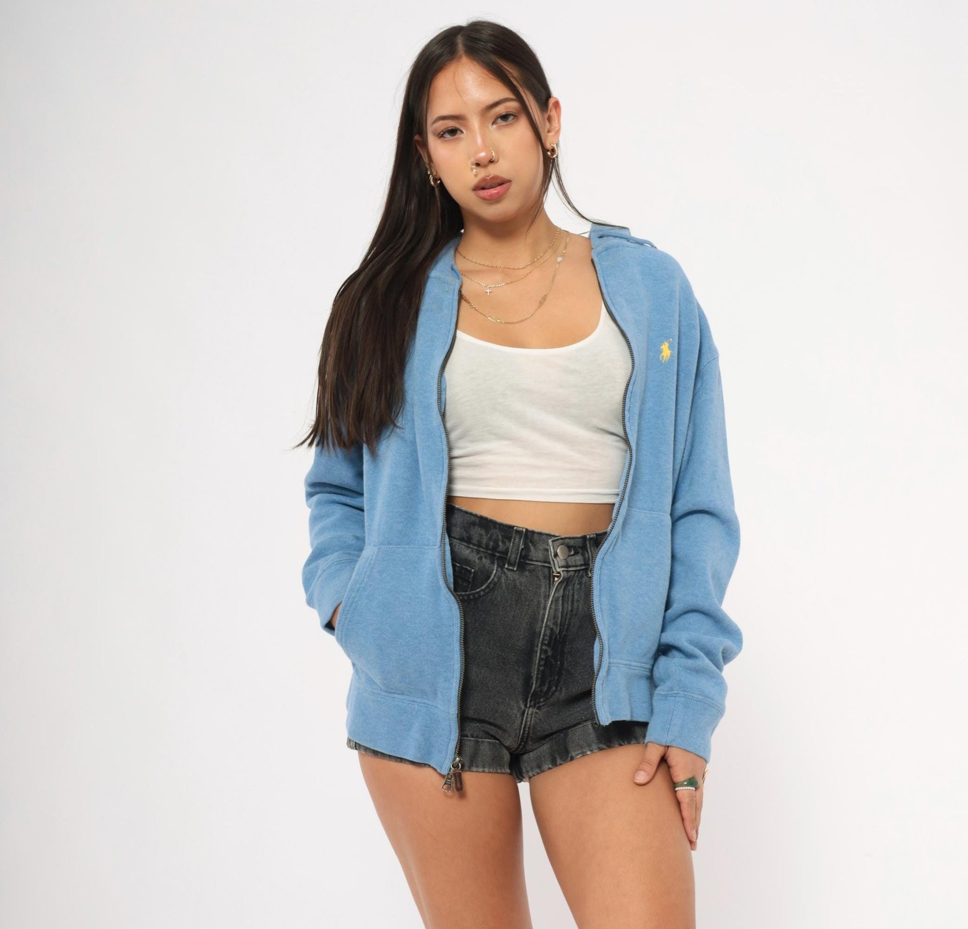 90s Polo Ralph Lauren Zip-Up Hoodie Sky Blue Cotton Medium M