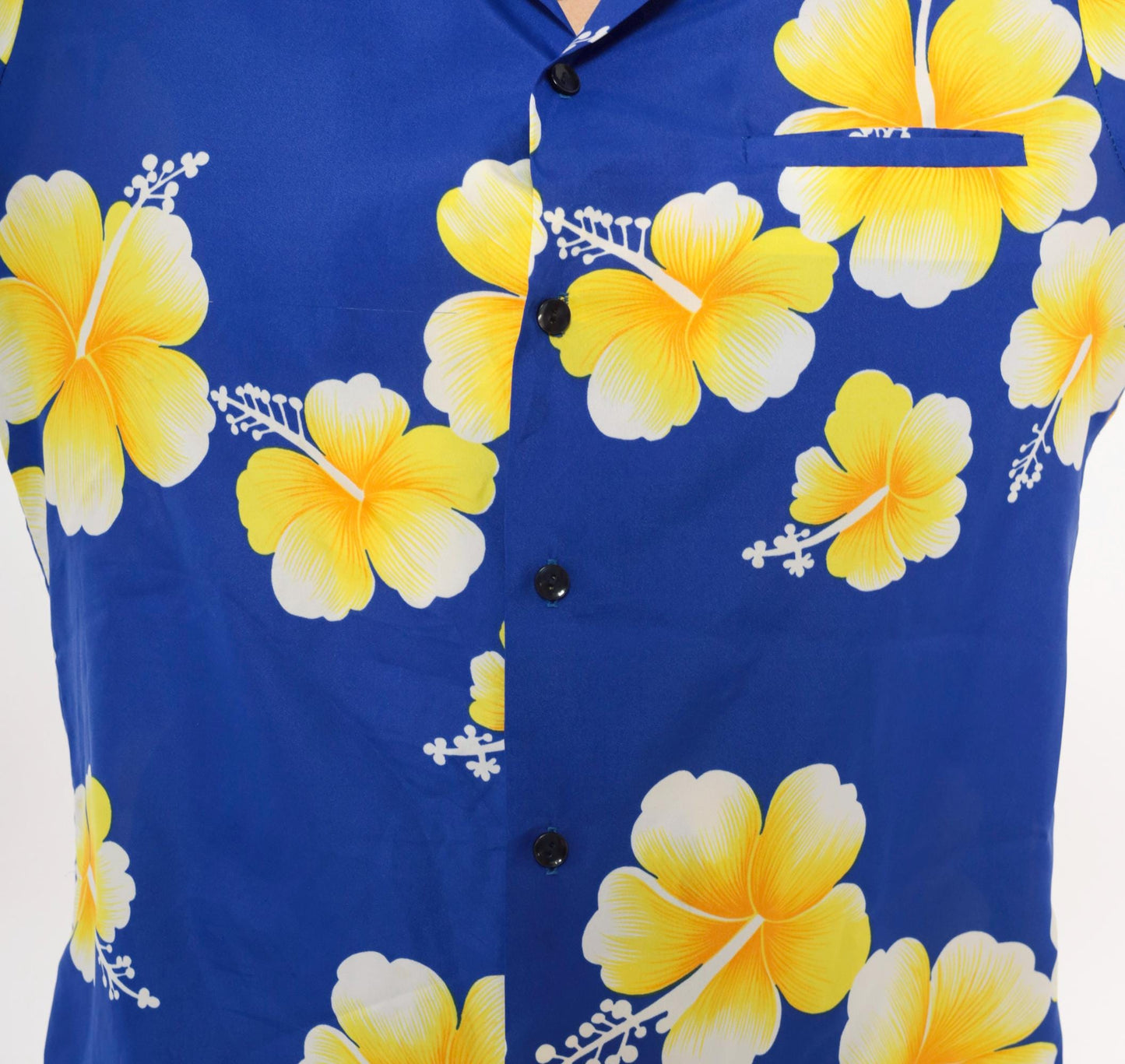 90s Hawaiian Hibiscus Camp Collar Shirt Cobalt Blue Yellow Floral Medium