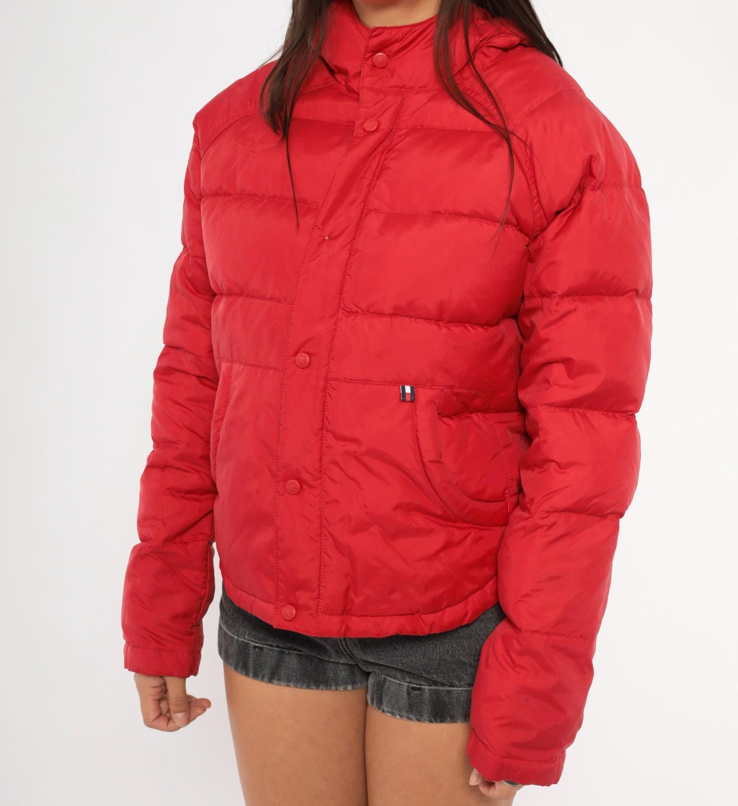 90s Tommy Jeans Red Down Puffer Jacket Hooded Cropped Quilted Medium M
